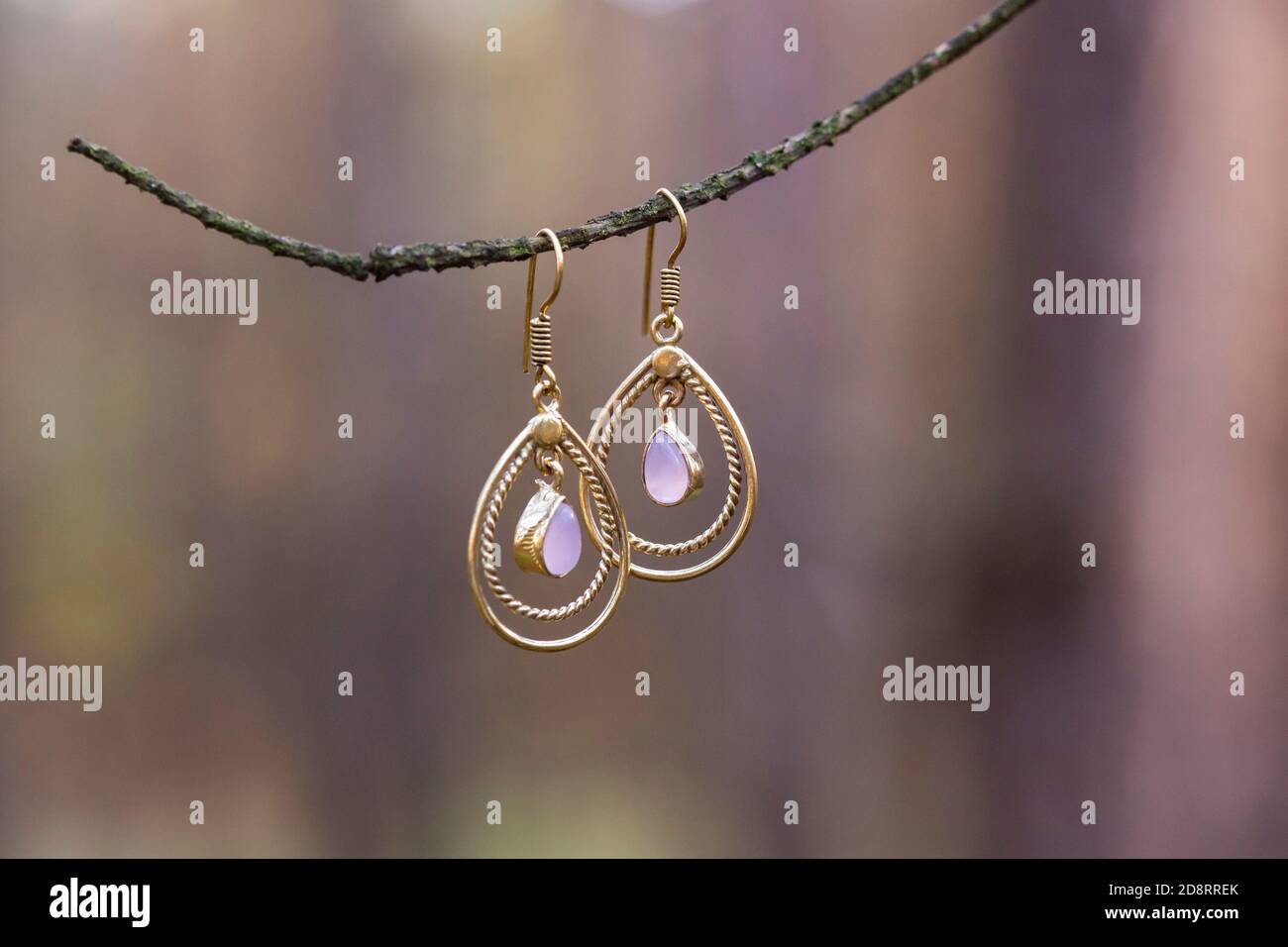 Elegante Ohrringe aus Messing mit schönem Edelstein auf Waldzweig Stockfoto