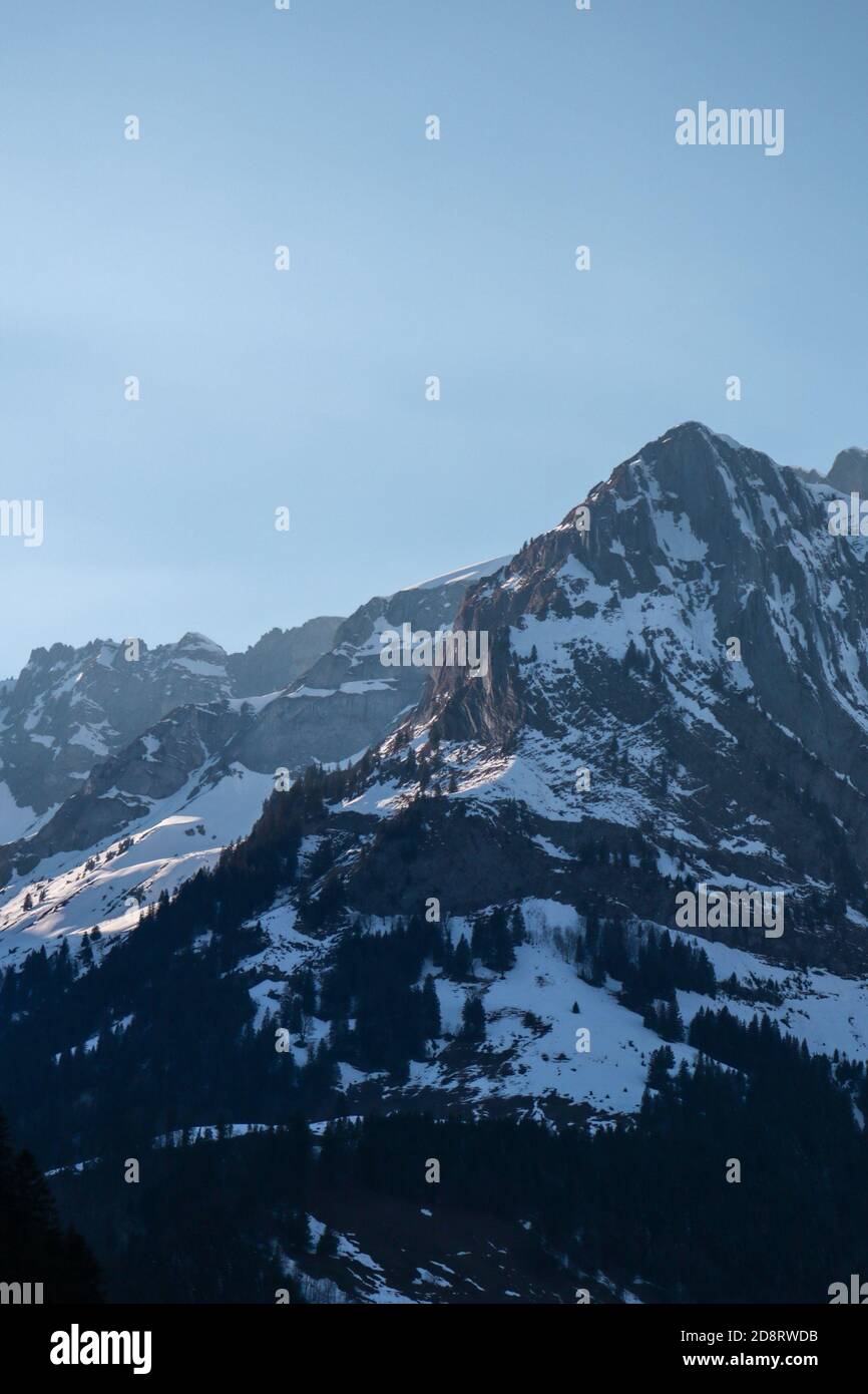 Blick auf die verschneiten Schweizer Alpen Stockfoto