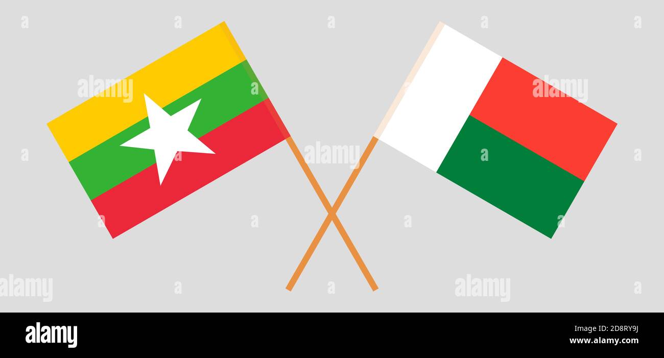 Gekreuzte Flaggen von Madagaskar und Myanmar. Offizielle Farben. Korrektes Verhältnis. Vektorgrafik Stock Vektor