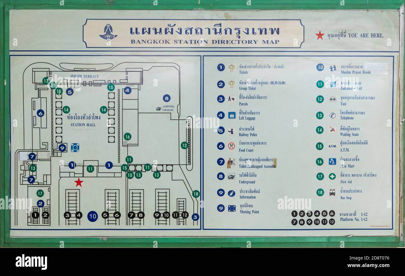 Verzeichnis Karte, Bangkok Bahnhof, Hua Lamphong Bahnhof, Bangkok, Thailand Stockfoto