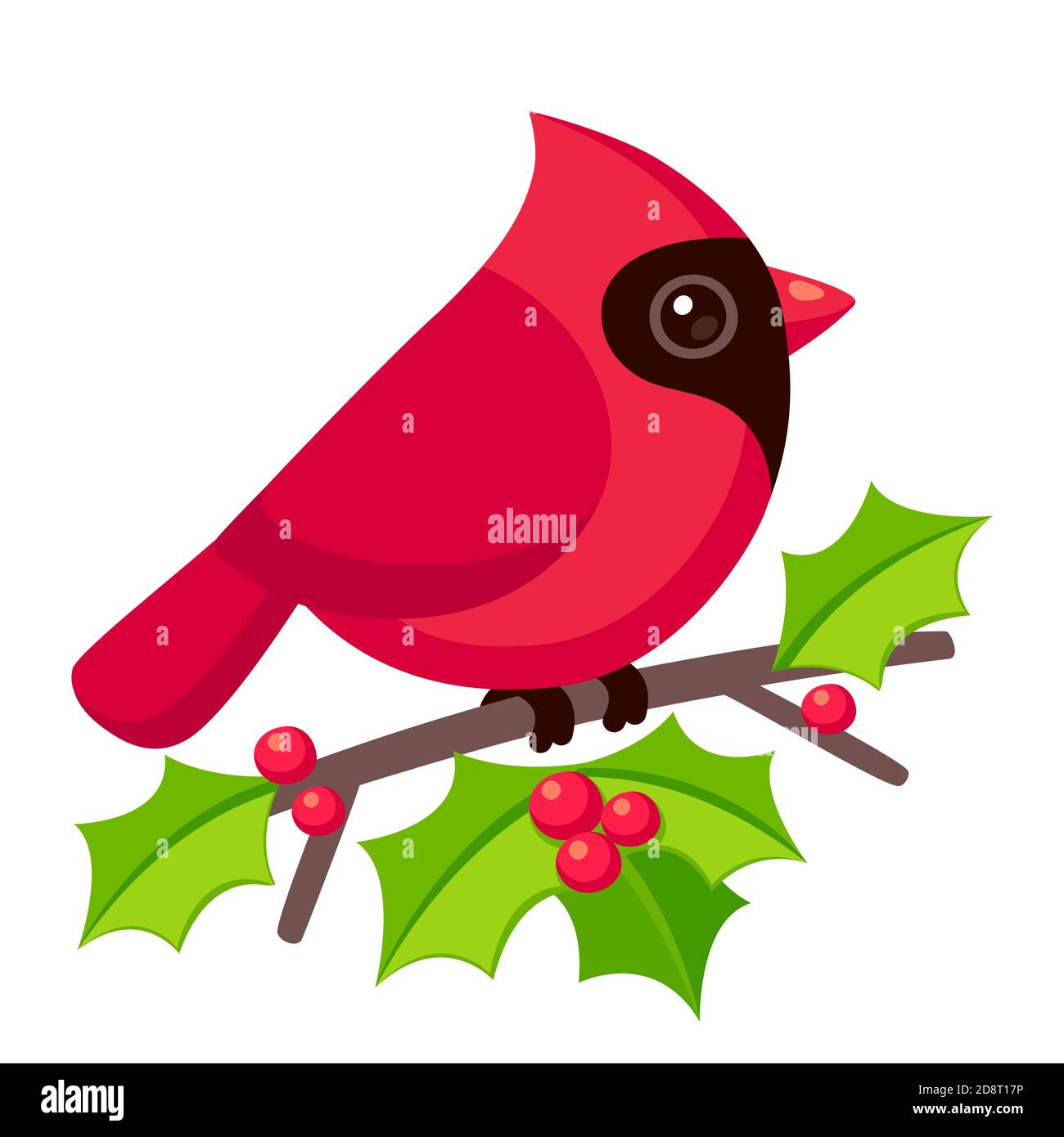 Cute Cartoon roten Kardinal auf Stechpalme mit Blättern und Beeren. Weihnachten Grußkarte Illustration. Stock Vektor