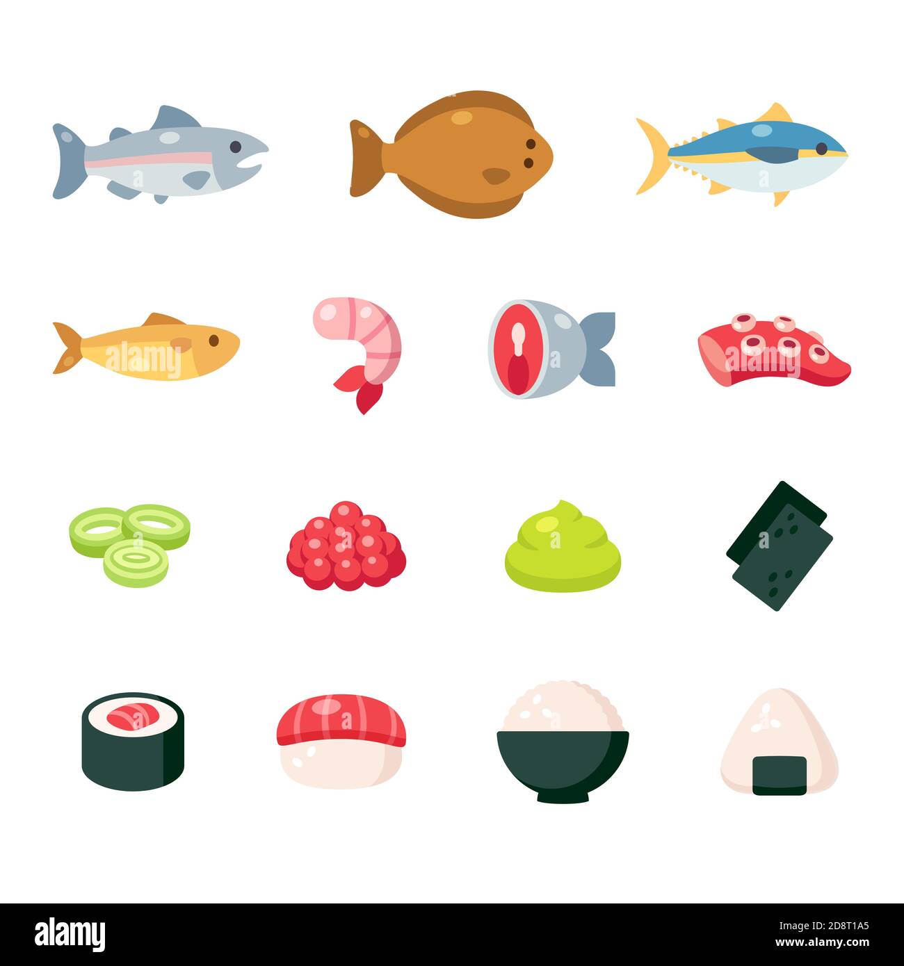 Japanische Lebensmittel Zutaten Cartoon Icon Set. Fisch und Meeresfrüchte, Sushi und Reisgerichte, niedliche einfache Vektorgrafiken. Stock Vektor