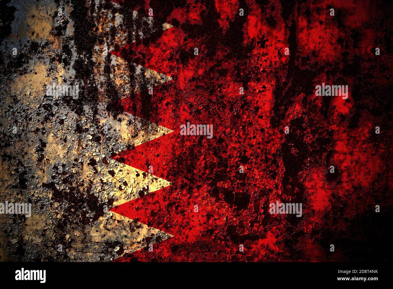 Bahrain, Bahraini Flagge auf grunge Metall Hintergrundtextur mit Kratzern und Rissen Stockfoto