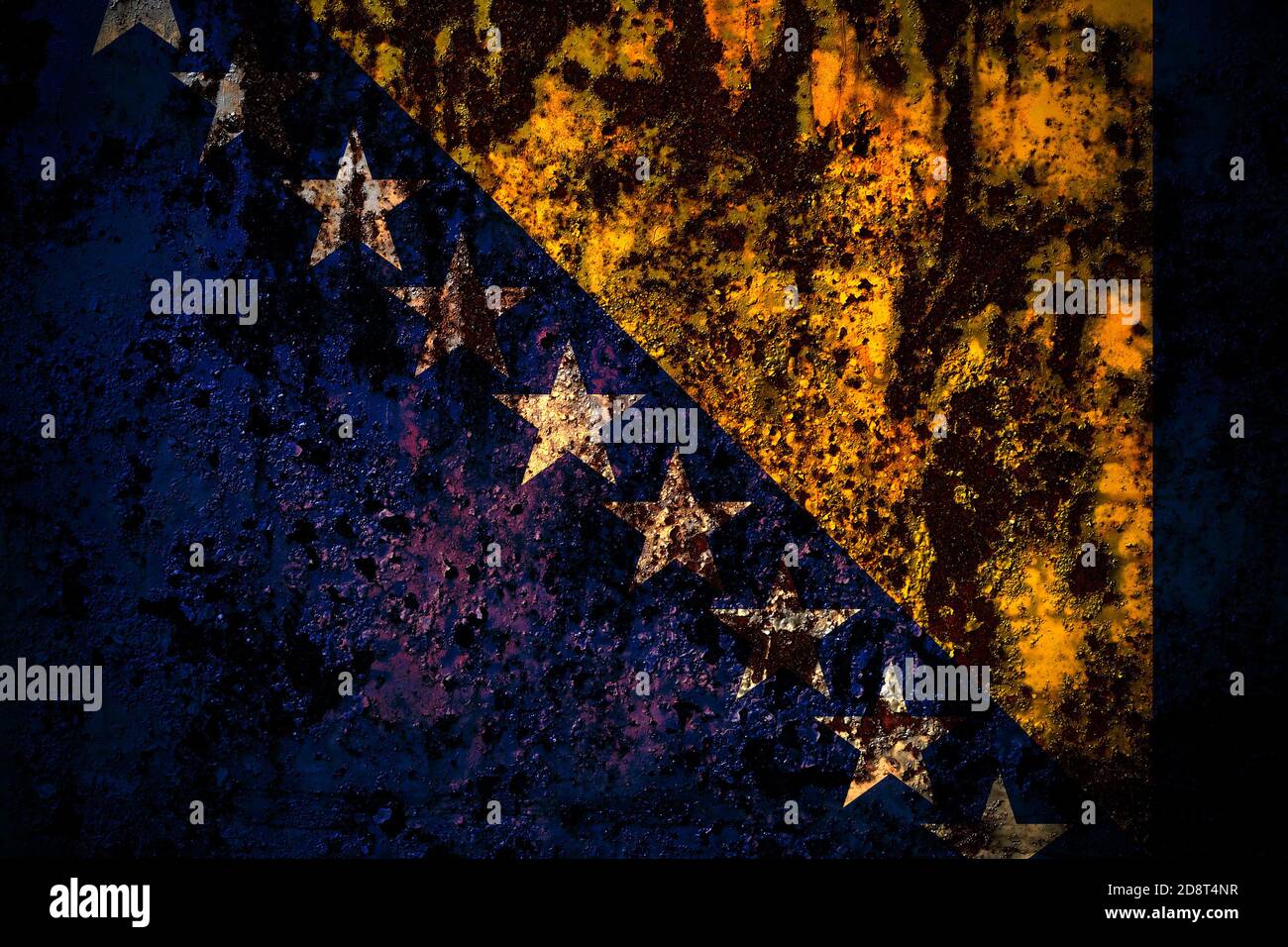 Bosnien und Herzegowina, Bosnien und Herzegowina Flagge auf grunge Metall Hintergrundtextur mit Kratzern und Rissen Stockfoto