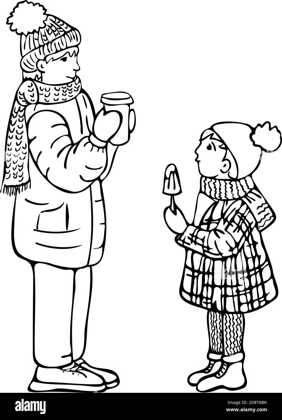 Vektor-Illustration Mann mit heißem Getränk und Kind mit Eis in warmen Kleidern. Winter Saison Illustration Design. Stock Vektor