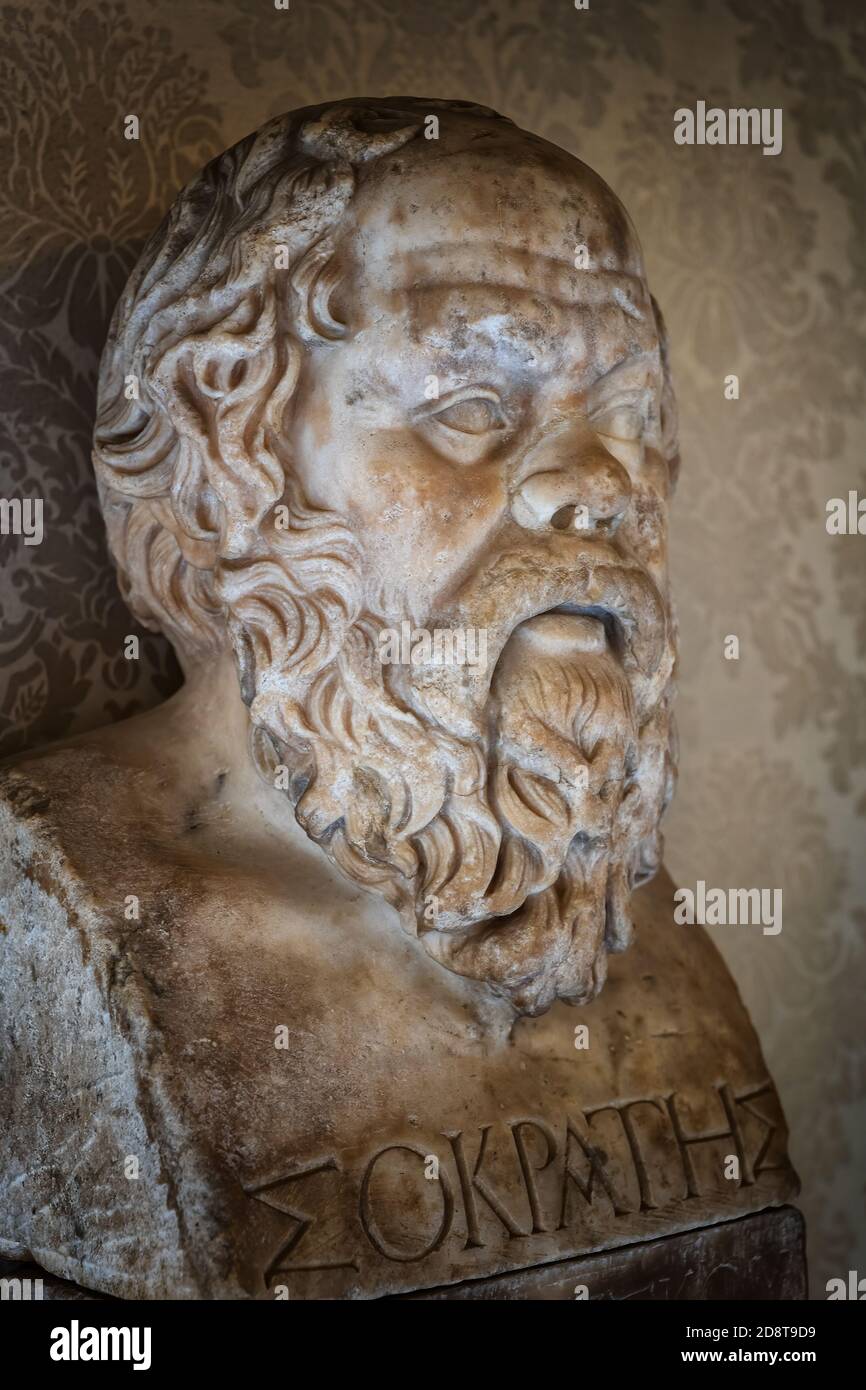 Herm von Sokrates, berühmter griechischer Philosoph aus Athen (470-399 v. Chr.), antikes Marmorkunstwerk aus dem 1. Jahrhundert n. Chr., basierend auf griechischer Arbeit von Lysippos aus Stockfoto