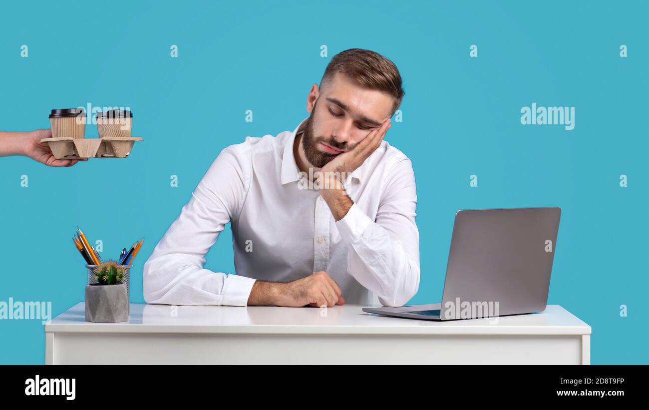 Schöner Geschäftsmann müde von Computer Arbeit schlafen an seinem Schreibtisch auf blauem Studio Hintergrund, Panorama Stockfoto