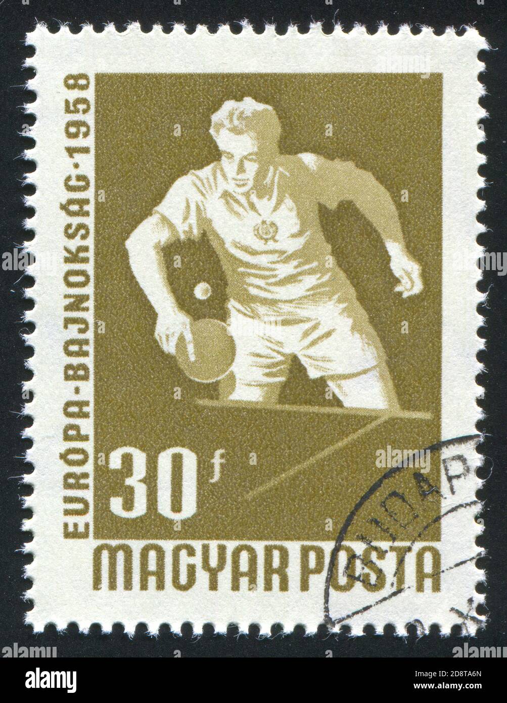 UNGARN- UM 1958: Stempel gedruckt von Ungarn, zeigt Tischtennisspieler, um 1958 Stockfoto