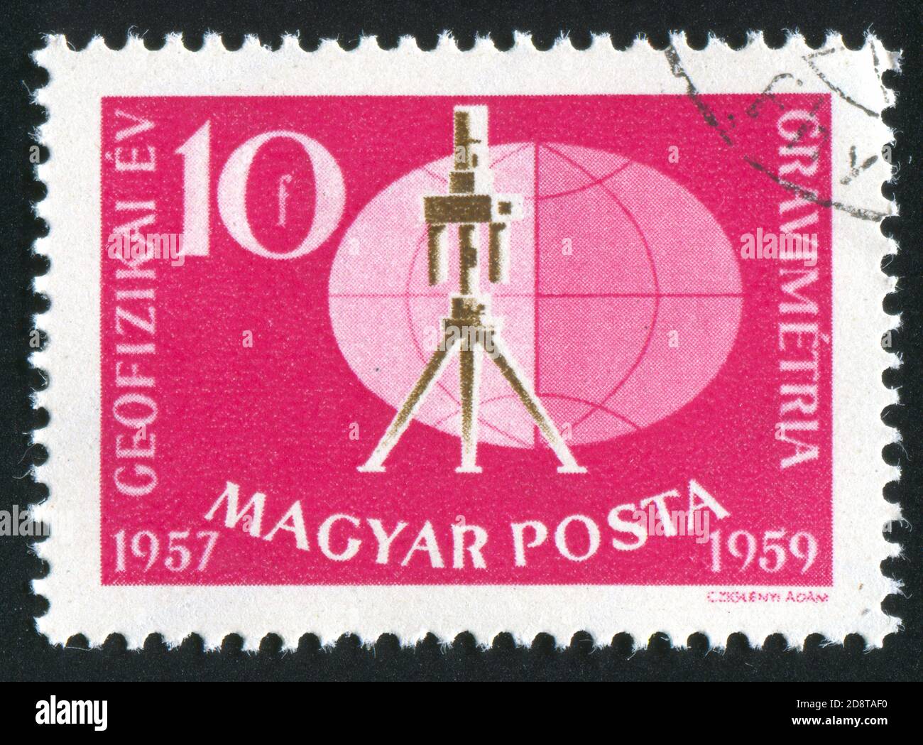 UNGARN- UM 1959: Stempel gedruckt von Ungarn, zeigt Gravimeter und Globus, um 1959 Stockfoto