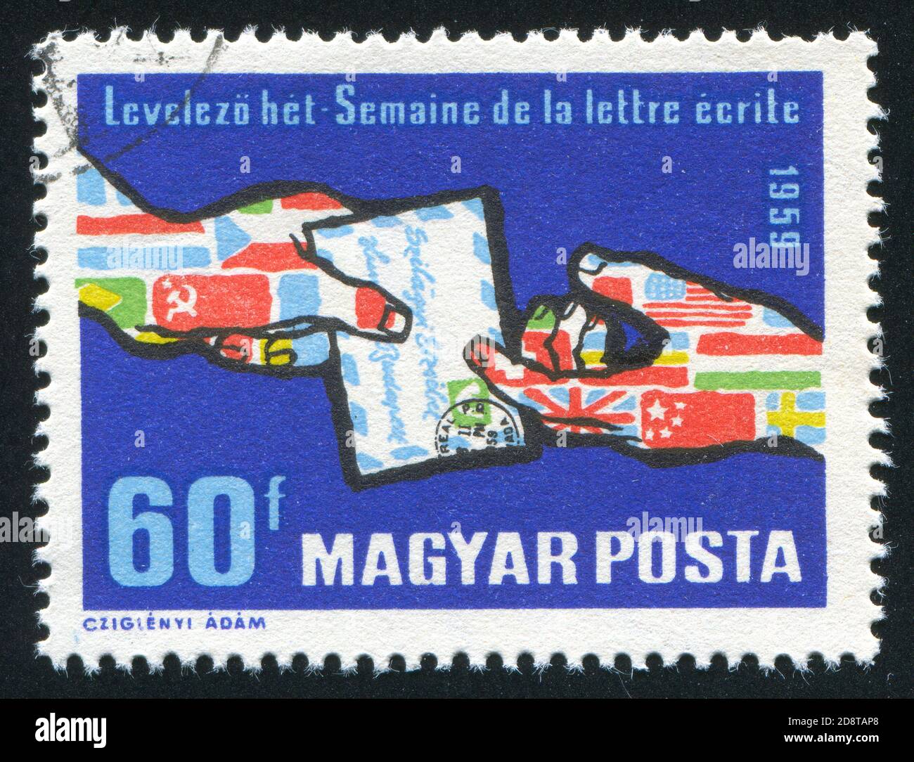UNGARN- UM 1959: Briefmarke gedruckt von Ungarn, zeigt Übergabebrief, um 1959 Stockfoto