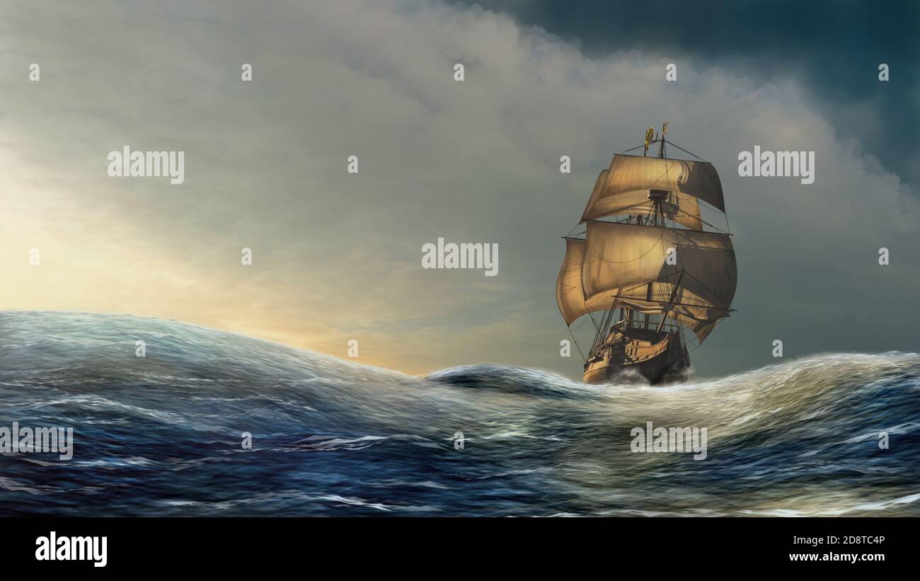 Segelboot auf dem dramatischen offenen Meer unter dem goldenen Sonnenschein. 3D Rendering Illustration mit digitaler Malerei Postprocess. Stockfoto