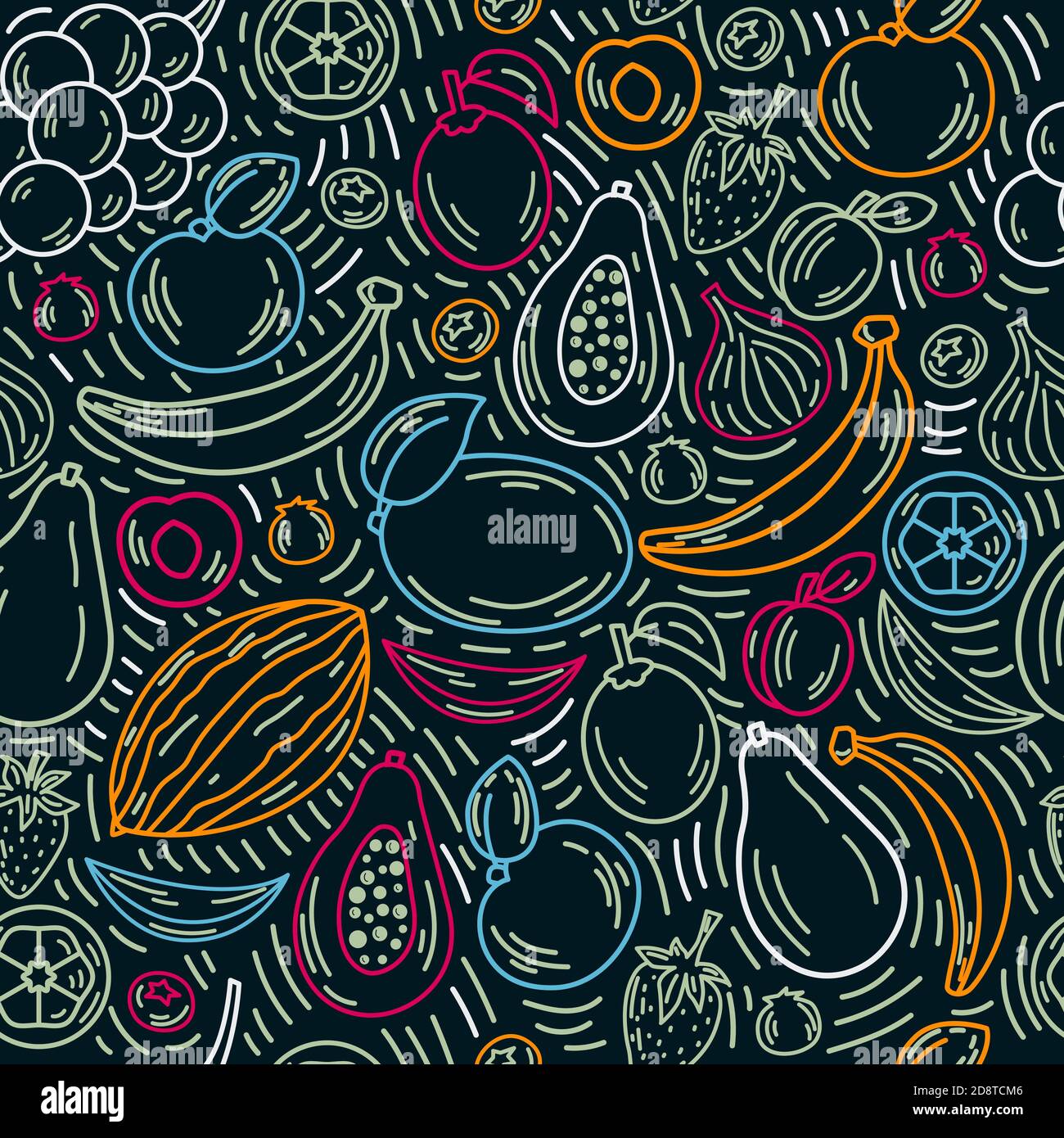 Vektor Früchte nahtlose Muster in Farbe Umriss Stil auf dem dunklen Hintergrund. Heller Hintergrund von gesunden frischen Lebensmitteln. Ideal für Poster, Banner. Stock Vektor
