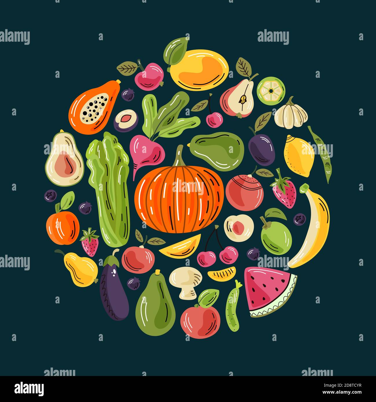 Vector Obst und Gemüse in runder Zusammensetzung auf dem dunklen Hintergrund. Eine helle Illustration für gesunde frische Lebensmittel. Isolierte Designelemente. Stock Vektor