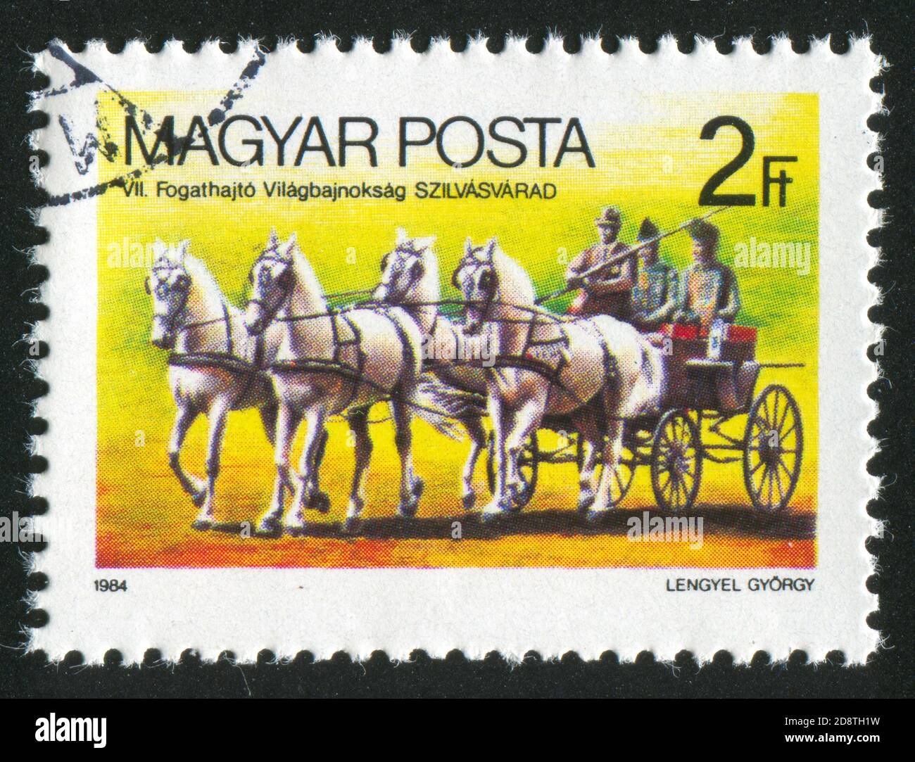 UNGARN - UM 1984: Briefmarke gedruckt von Ungarn, zeigt Pferdewagen, um 1984 Stockfoto