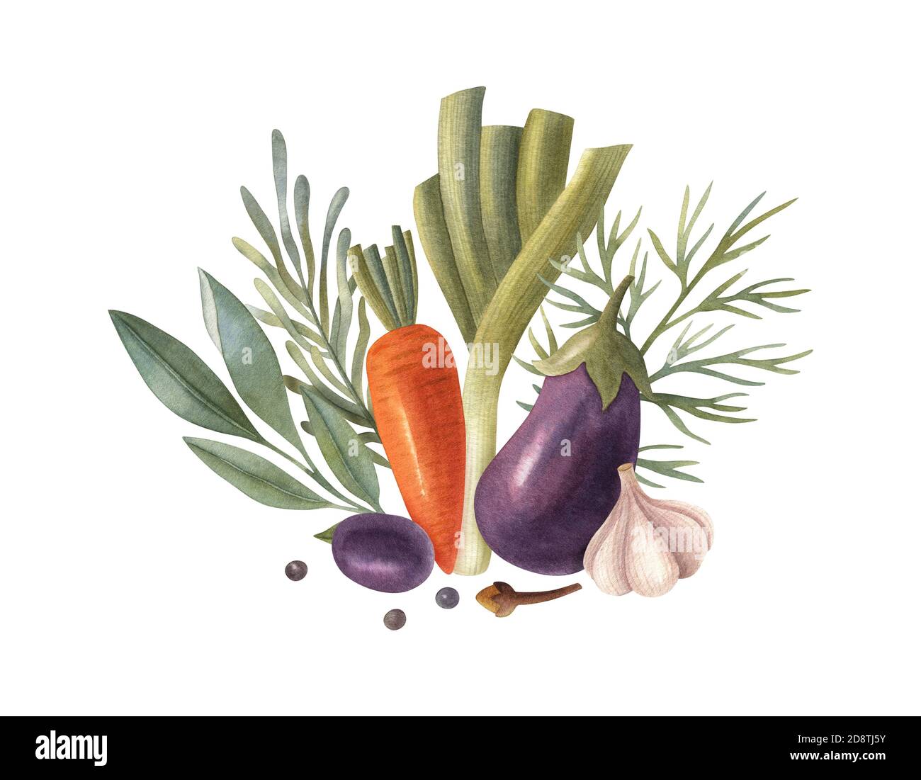 Aquarell pflanzliche Zusammensetzung mit Kräutern, Lauch, Auberginen, Knoblauch, Karotten und Oliven. Eine helle Illustration für gesunde frische Lebensmittel. Stockfoto