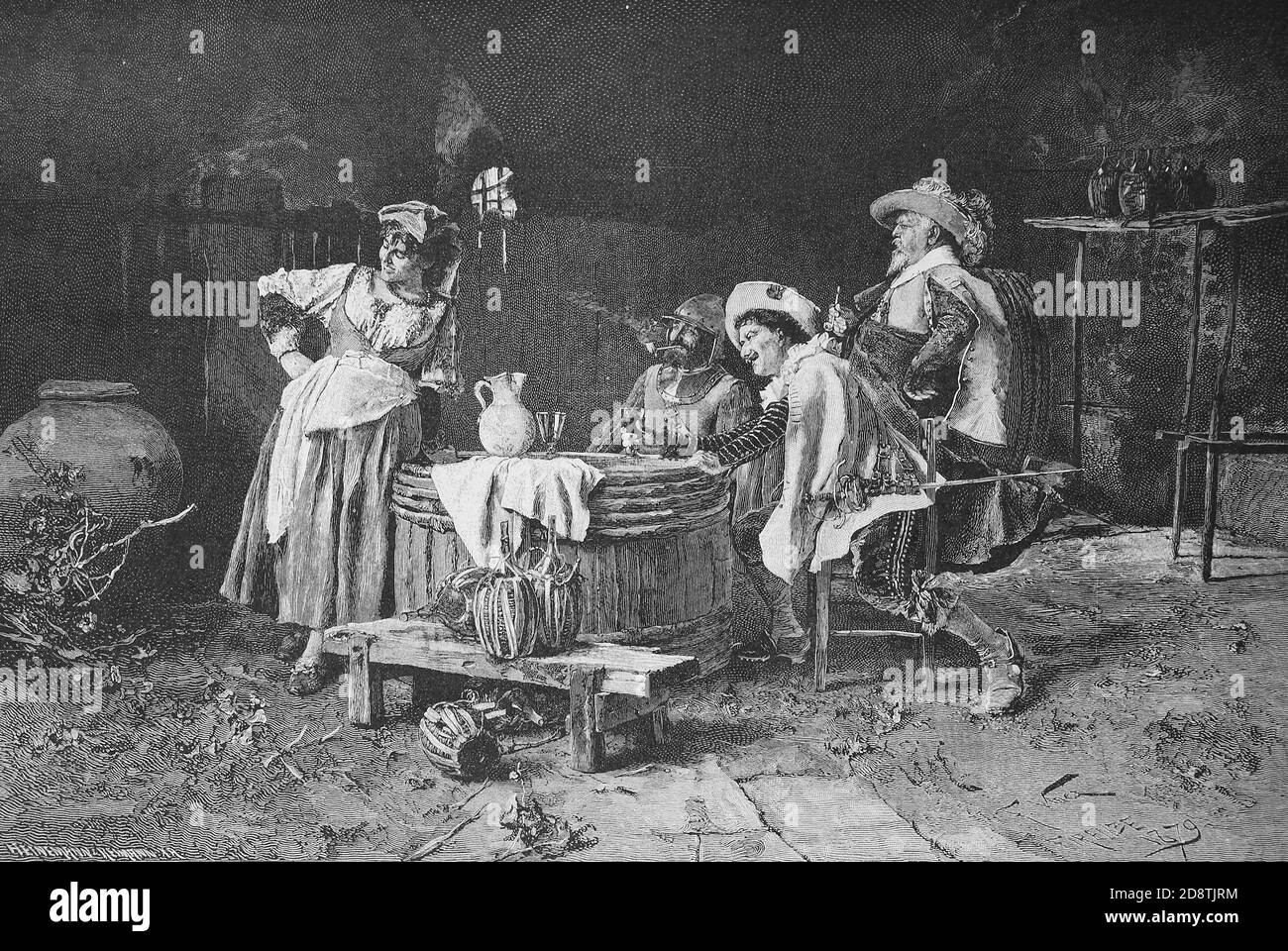 Die Schmeichler, Landsknechte suchen im Gasthaus mit der Wirtin zu flirten, Historisch, historisch, digital verbesserte Reproduktion eines Originals aus dem 19. Jahrhundert / Digitale Reproduktion einer Originalvorlage aus dem 19ten Jahrhundert. Jahrhundert Stockfoto