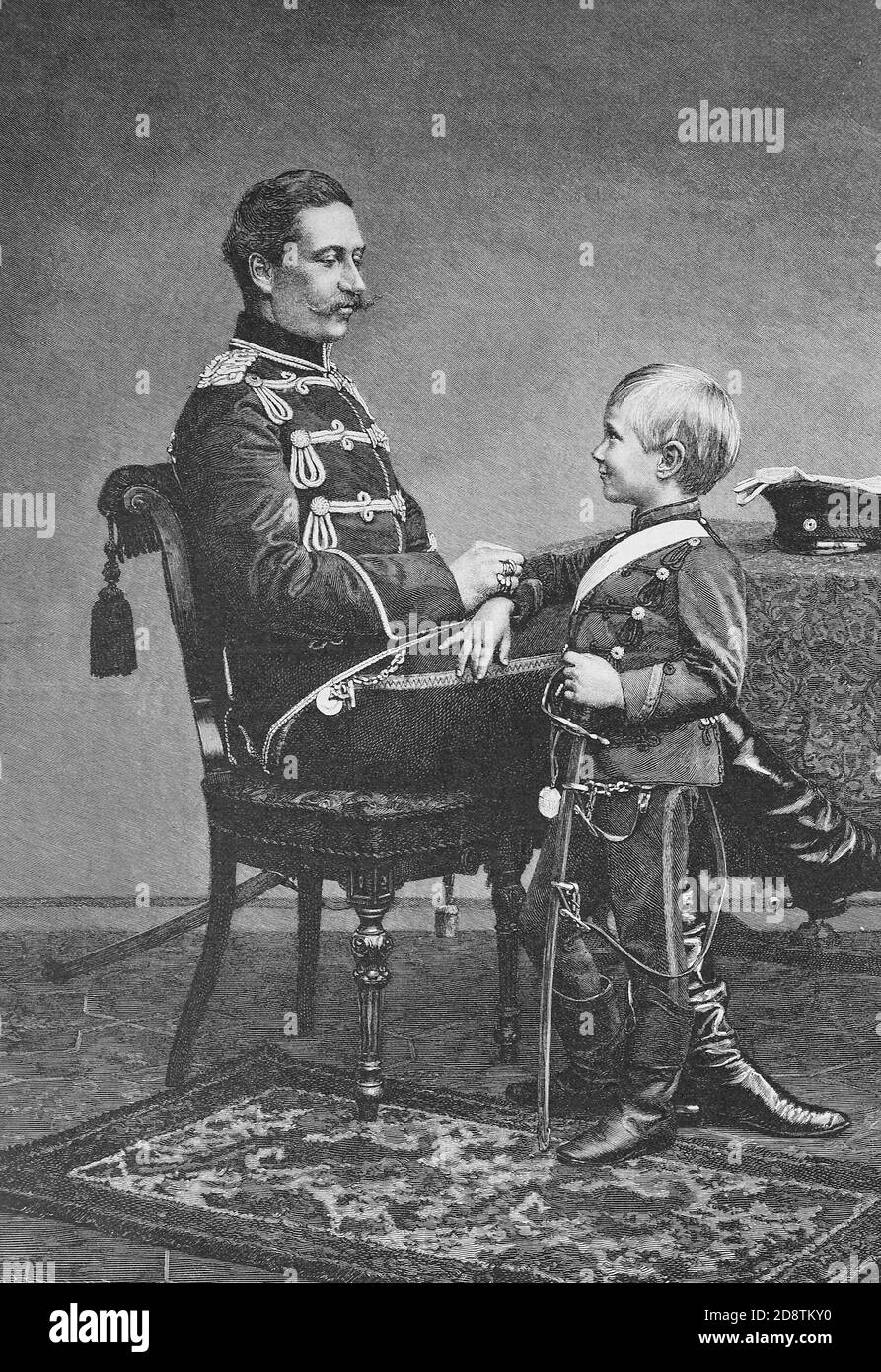 Wilhelm von Preußen, Kaiser Wilhelm II., und sein ältester Sohn Prinz Friedrich Wilhelm Victor August Ernst, Kronprinz des Deutschen Reiches und Preußens, geboren 1882 / Wilhelm von Preußen, der Kaiser Wilhelm II., und sein ältester Sohn Prinz Friedrich Wilhelm Victor August Ernst, Kronprinz des Deutschen Reiches und von Preußen, geboren 1882, Historisch, historisch, digital verbesserte Reproduktion eines Originals aus dem 19. Jahrhundert / digitale Produktion einer Originalvorlage aus dem 19. Jahrhundert Stockfoto