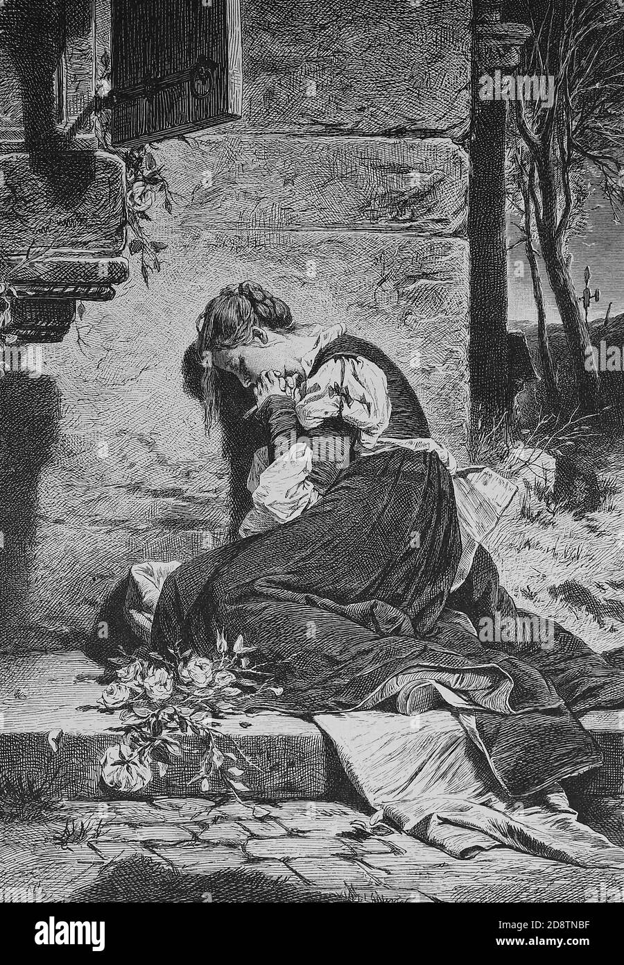 Gretchen die Schmerzensreiche nach Goethes Faust, traurige Frau auf dem Bürgersteig / Gretchen die Schmerzensreiche nach Goethes Faust, traurige Frau sitzt auf dem Bürgersteig, Historisch, historisch, digital verbesserte Reproduktion eines Originals aus dem 19. Jahrhundert / digitale Reproduktion einer Originalvorlage aus dem 19ten Jahrhundert. Jahrhundert Stockfoto