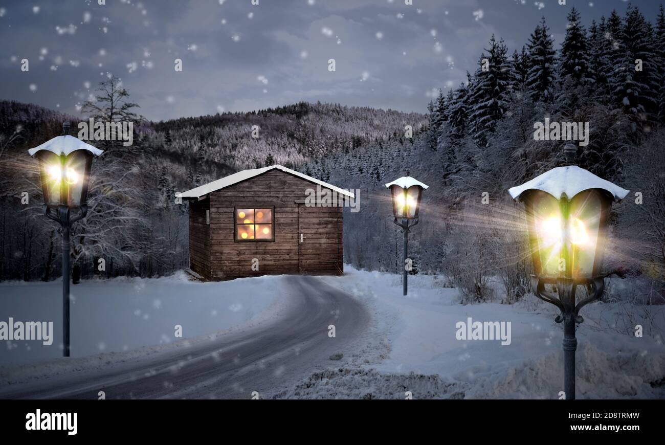 Hütte Laterne Nordpol weihnachtsstraße auf Schnee Stockfoto