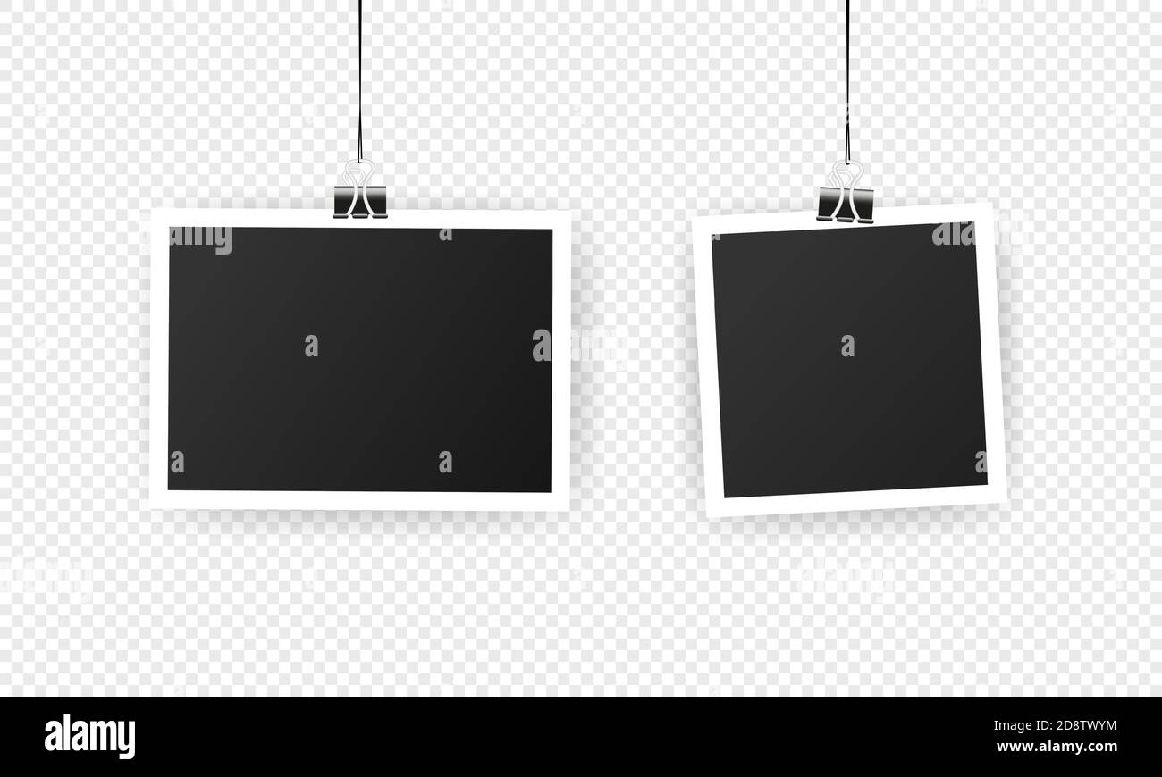 Fotorahmen. Modup-Design. Leerer Bilderrahmen, der an einem Clip hängt. Schwarzer leerer Platz für Ihren Text oder Ihr Foto. Vektor auf Transparent gelötet Stock Vektor