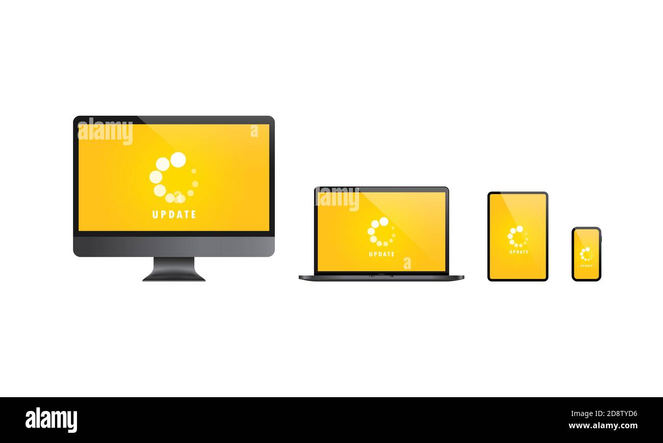 Systemaktualisierung für Geräte eingestellt. Installieren von Updates für Computer, Laptop, Tablet und Smartphone. Vektor auf isoliertem weißem Hintergrund. EPS 10 Stock Vektor