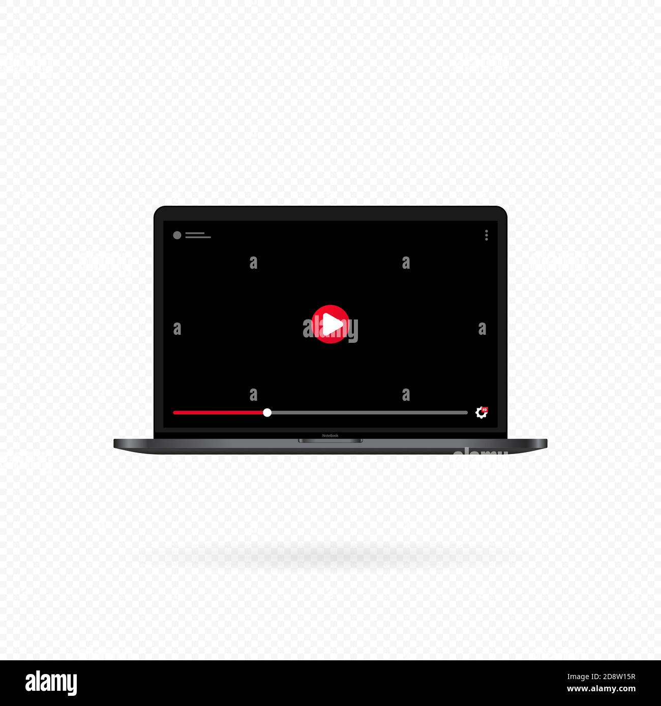 Laptop mit Videoplayer auf dem Bildschirm. Videoinhalte, Bloggen. Social-Media-Konzept. Mockup-Videokanal. Vektor auf isoliertem weißem Hintergrund. EPS 10 Stock Vektor