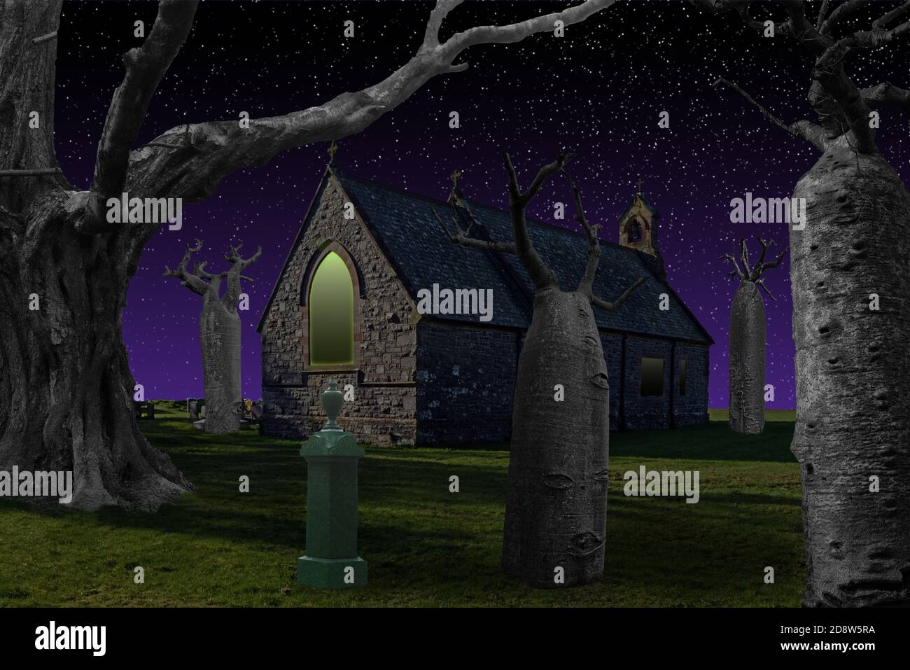 Llantrisant Church ist eine viktorianische Kirche in Anglesey. In diesem Fantasiebild wurden der Himmel und die Fenster verändert und gruselige Bäume hinzugefügt. Stockfoto