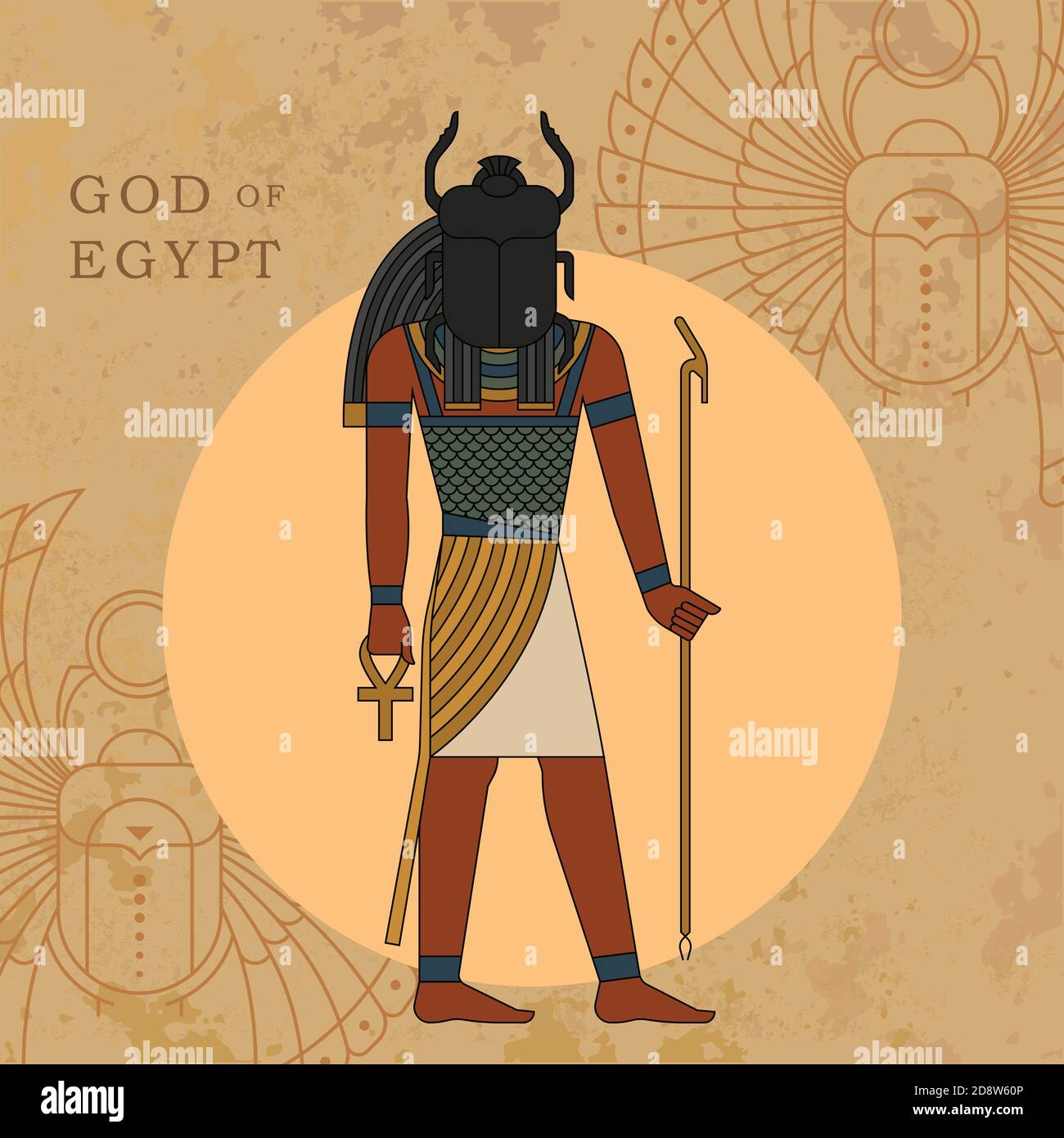 Der altägyptische gott der aufgehenden Sonne, dargestellt vor dem Hintergrund einer linearen Zeichnung eines Skarabäus und Papyrus. EPS 10 Stock Vektor