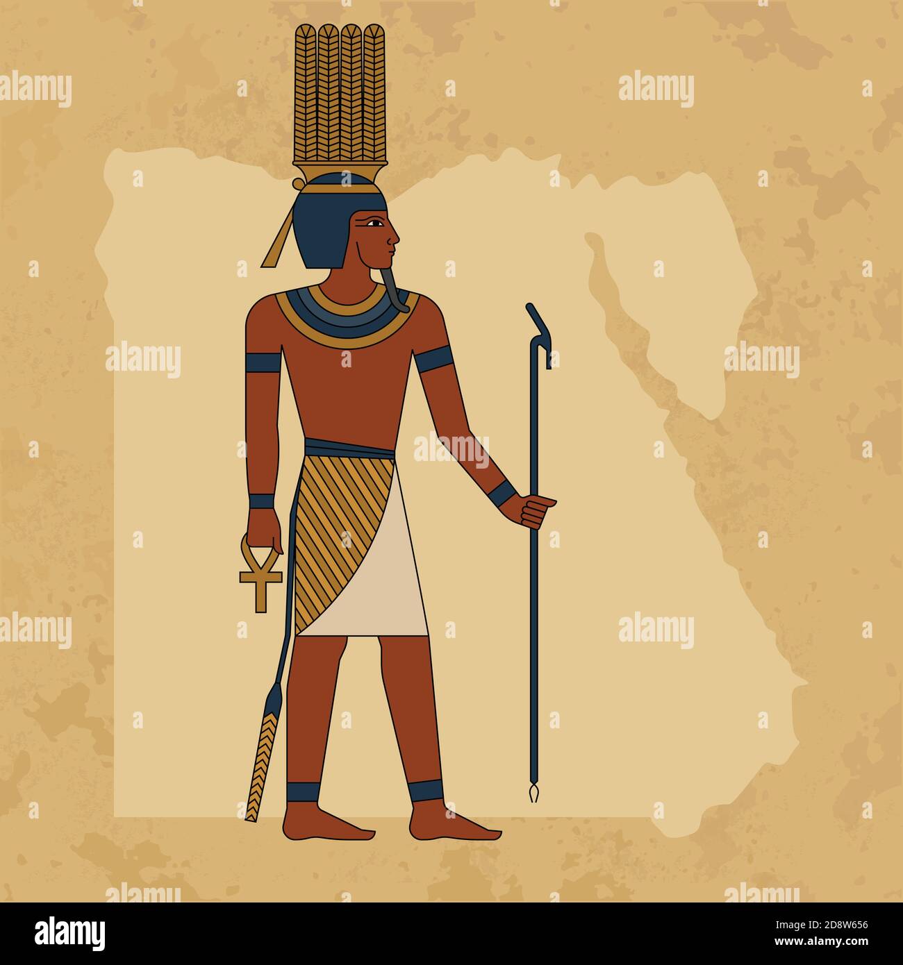 Der ägyptische alte gott Anhur malte vor dem Hintergrund einer Karte von Ägypten und einem Papyrus. EPS 10 Stock Vektor