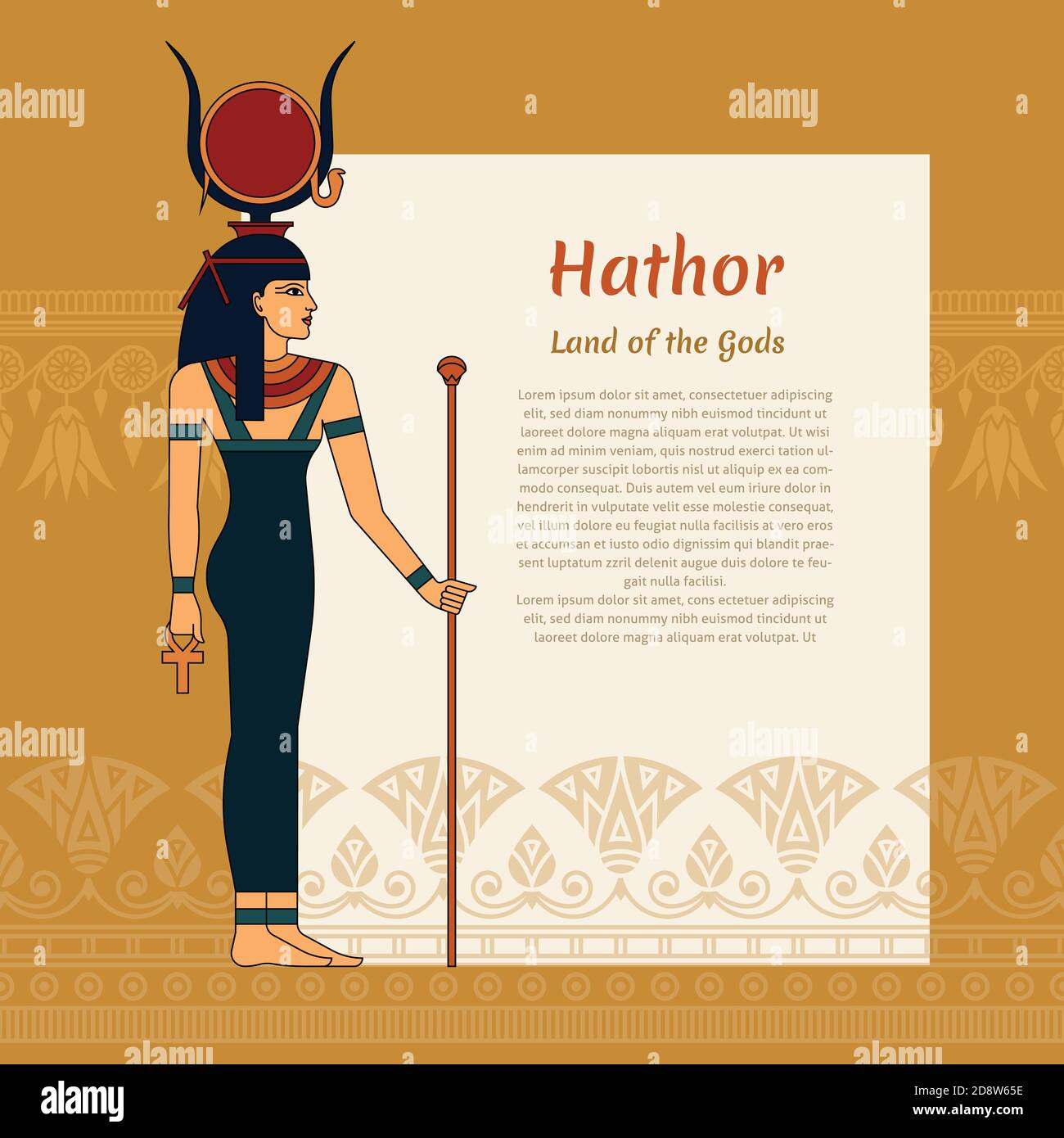 Eine Vorlage mit einem Platz für Text und einer Illustration der altägyptischen Göttin Hathor. Mit Hathors Schriftzug und Lotusmuster. EPS 10 Stock Vektor