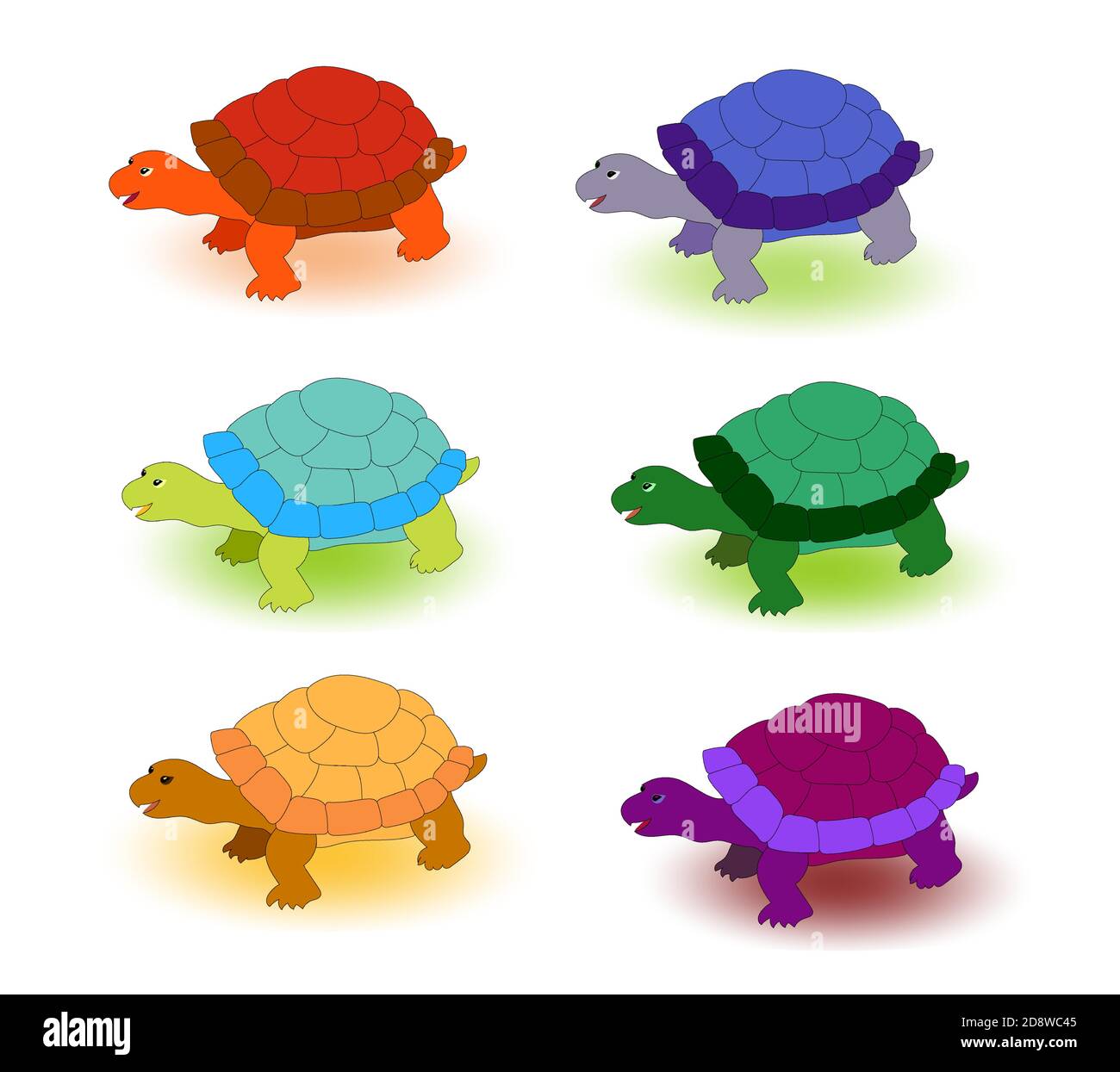 Set von niedlichen bunten Schildkröten isoliert auf weißem Hintergrund. Stock Vektor