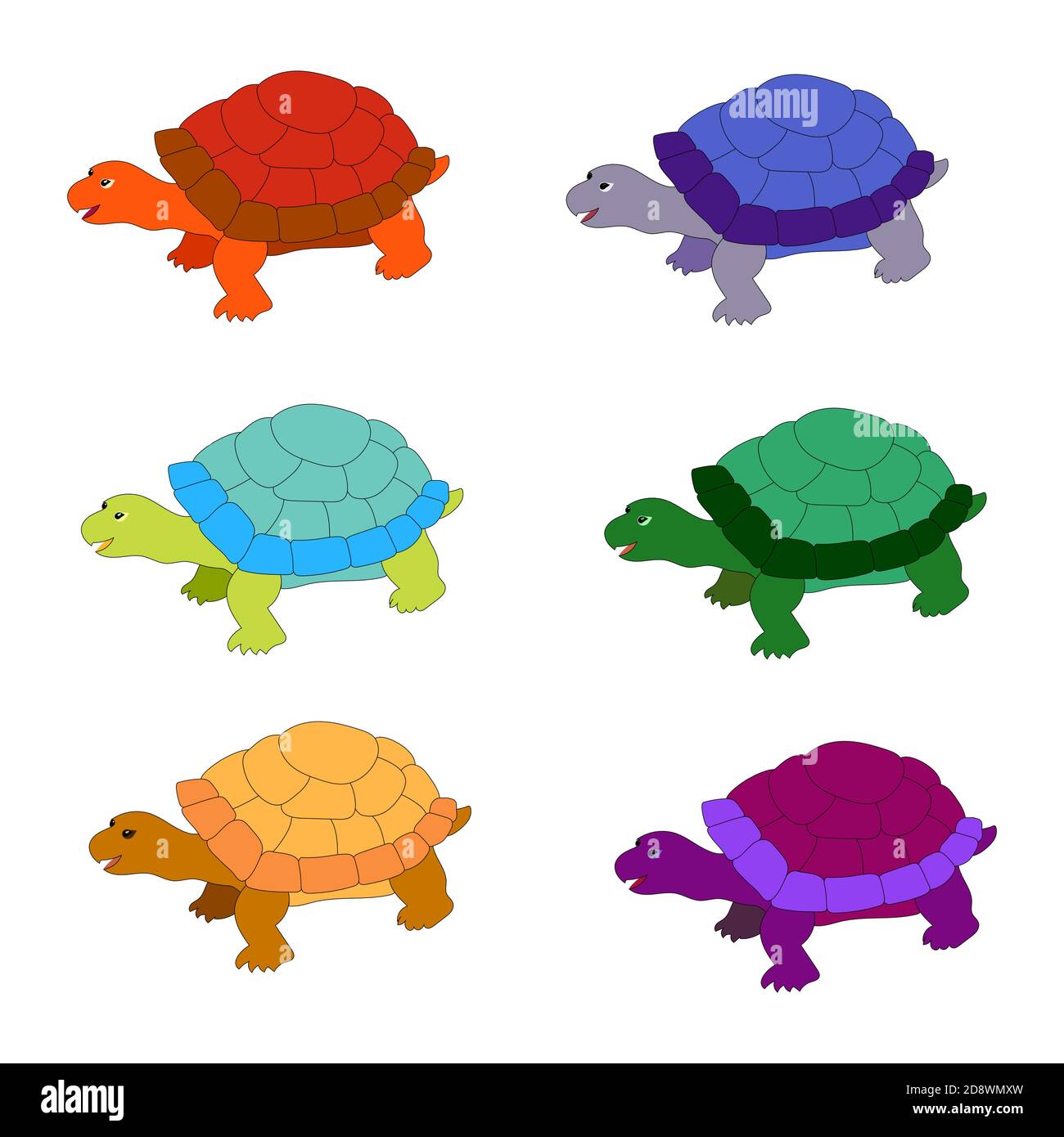 Set von niedlichen bunten Schildkröten isoliert auf weißem Hintergrund. Stock Vektor