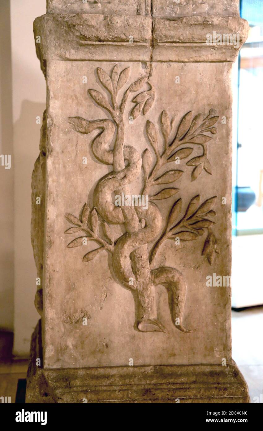 Ara, Altar der Gesundheit. 1. Cent. ANZEIGE Römische Kultur. Weißer Marmor. Monte Sacro, Cartagena. Archäologisches Museum von Katalonien. Barcelona. Stockfoto