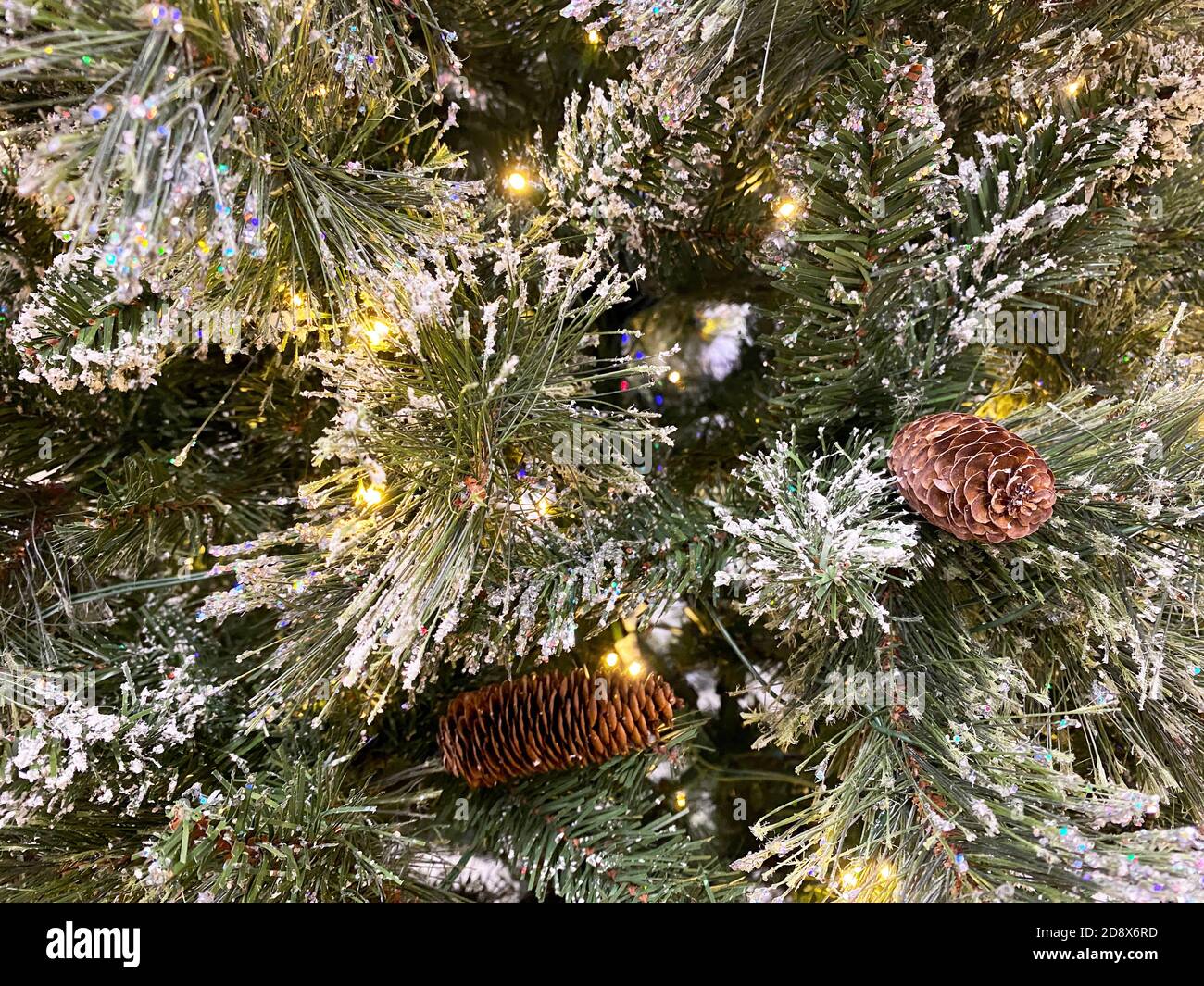 Ein frostgefestter weihnachtsbaum Urlaub Hintergrund mit Pinienzapfen und Gold Lichter geeignet für Website-Marketing Hintergrund Hintergrund Einstellung Architektur ar Stockfoto