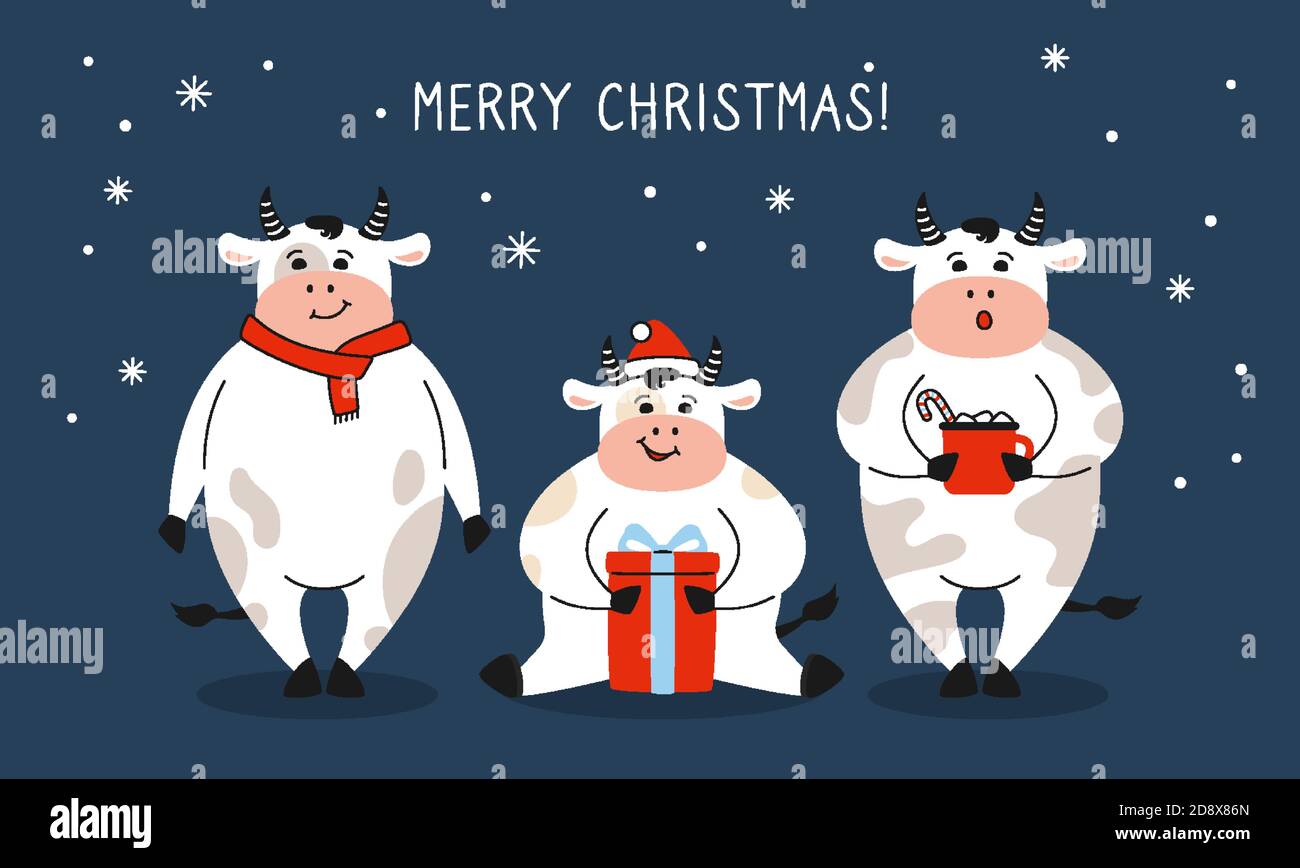 Gruß Weihnachtskarte, Stier mit Geschenk. Neujahr Symbol Cartoon Kuh, Büffel oder Kalb. Frohe Weihnachten und Frohes neues Jahr. Handgezeichneter Tier Charakter Urlaub Vektor Stock Vektor