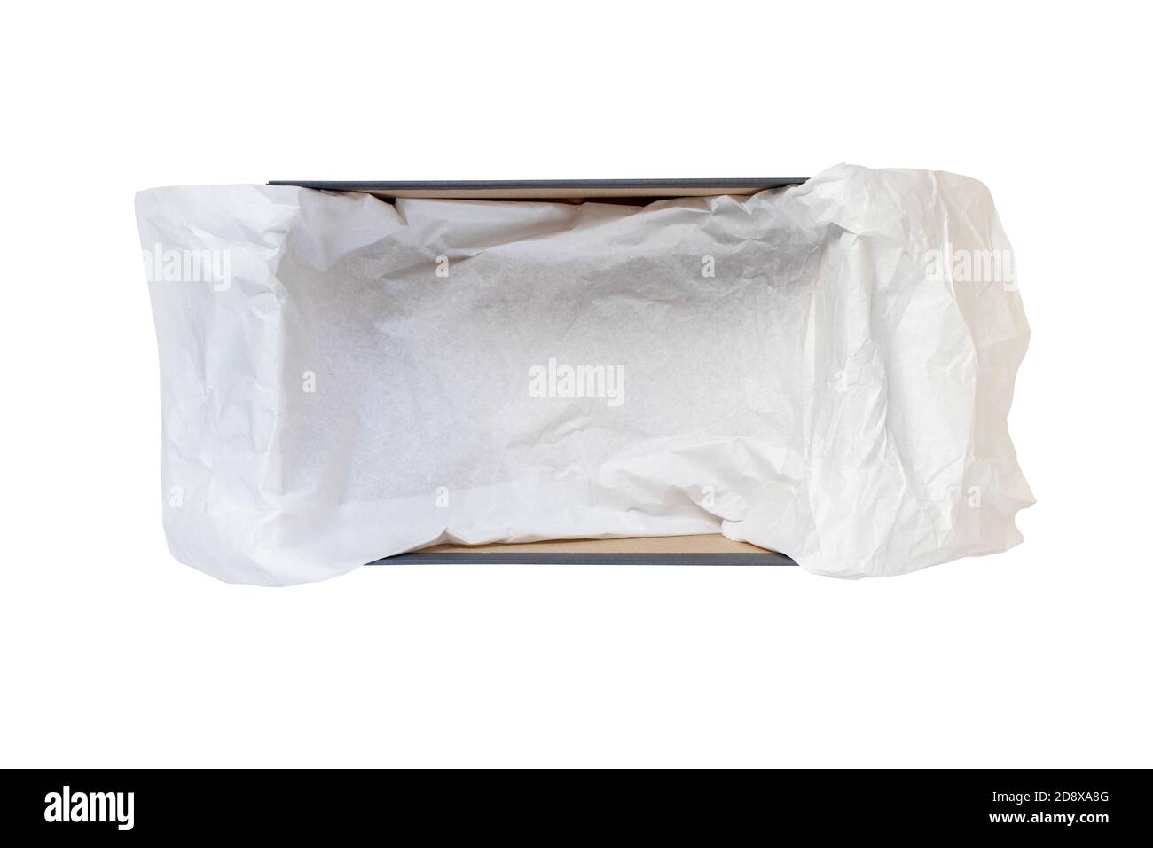 Geöffnet schuhe Box mit zerknitterten Geschenkpapier Top View isoliert auf weißem Stockfoto