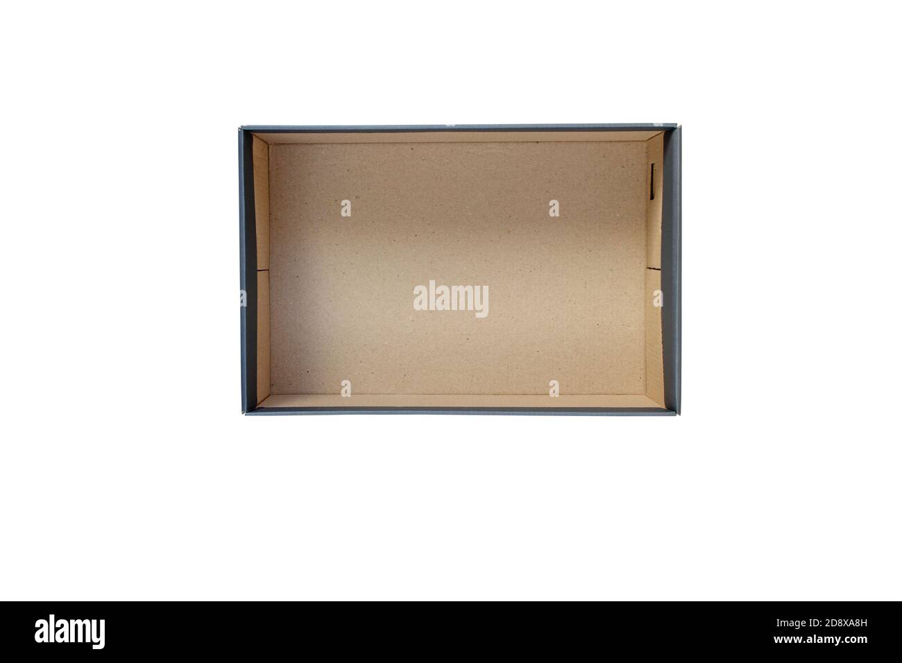 Geöffnete graue Schuhe Box Draufsicht isoliert auf weiß Stockfoto