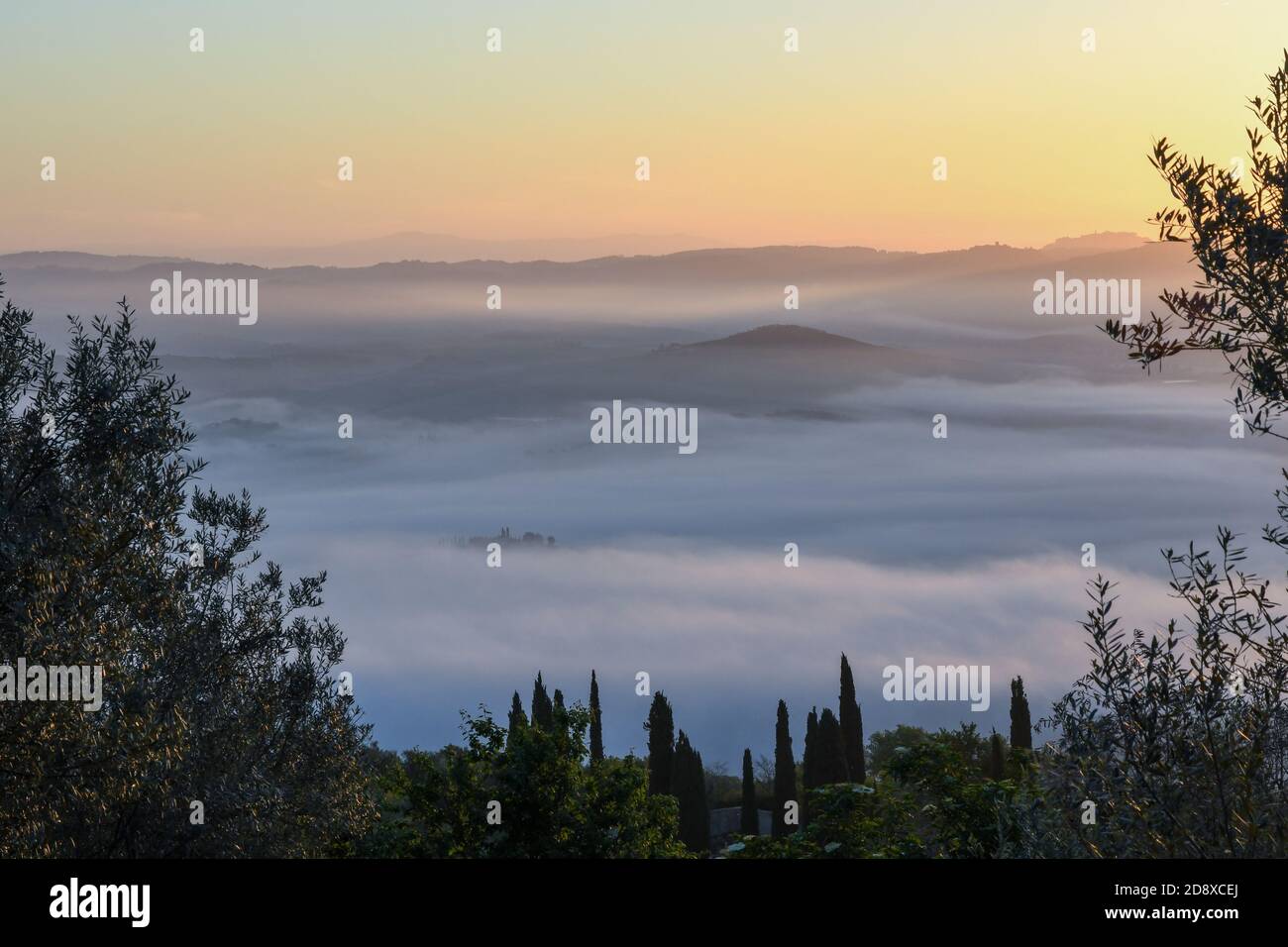 Der berühmte frühe Morgennebel des Val d'Orcia, von Castiglione d'Orcia aus gesehen Stockfoto