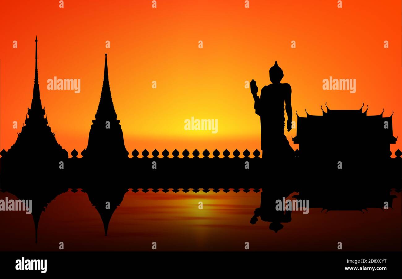 Tempellandschaft am Fluss in thailand bei Sonnenuntergang Stock Vektor