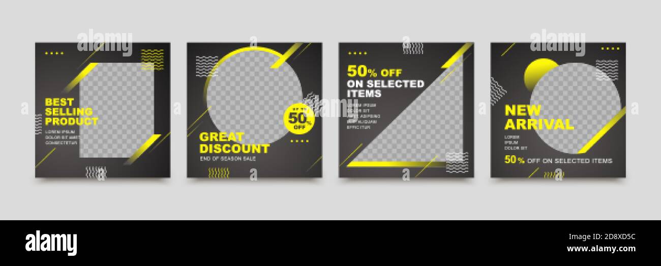 Set von Social-Media-Post-Vorlagen mit schwarzer Hintergrundfarbe und gelben abstrakten Linien, um ein starkes Bild zu erstellen, geeignet für Social-Media-Post tem Stock Vektor