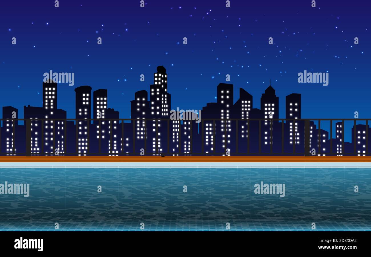 Blick auf den Swimmingpool auf dem hohen Gebäude im Stadt in der Nacht Stock Vektor