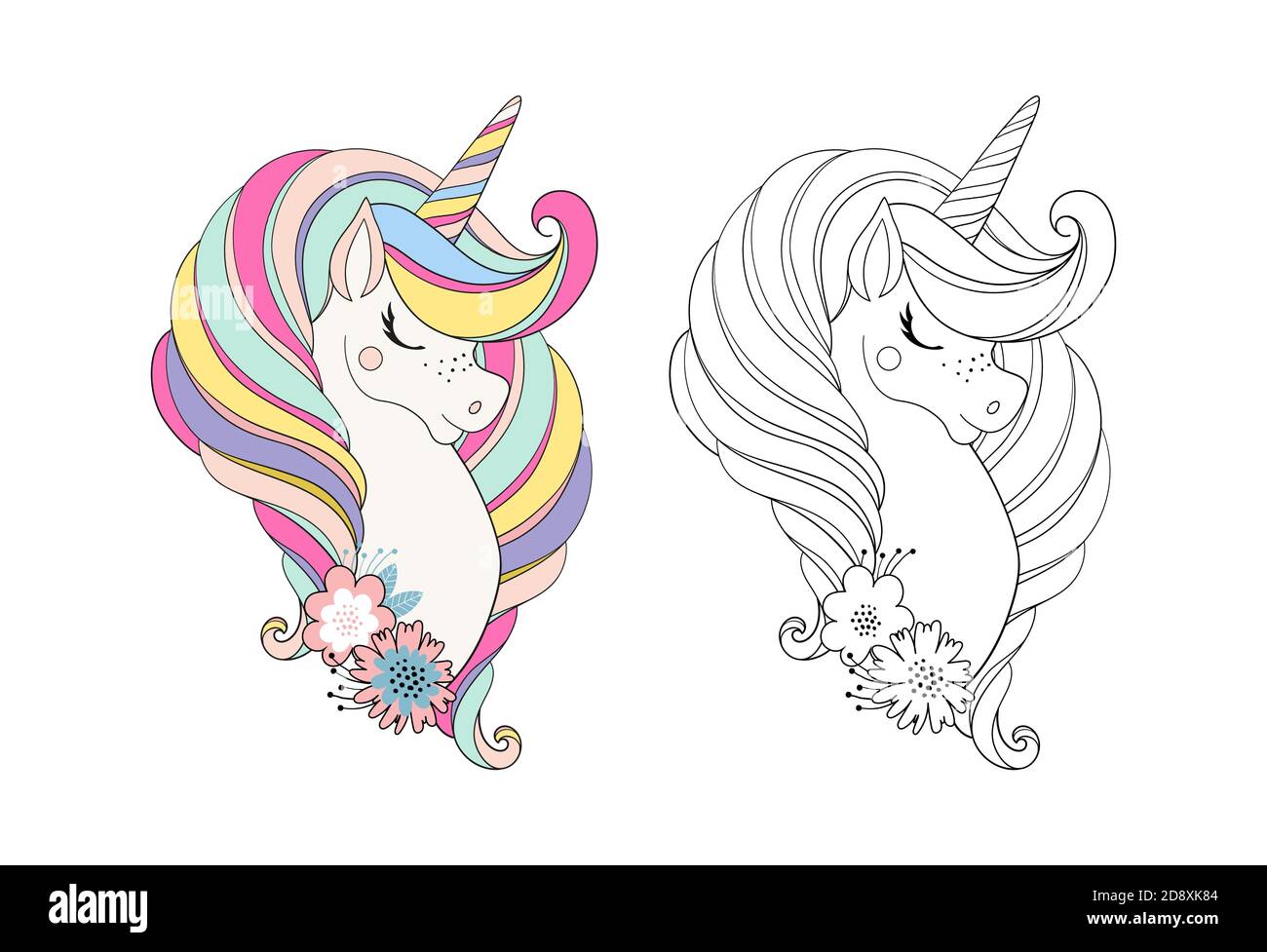 Einhorn Kopf mit Blume. Schönes Porträt eines magischen Pferdes für Design, Postkarte, Einladung, Kinderparty. Farbige Vektorgrafik isoliert auf weißem Hintergrund Stock Vektor