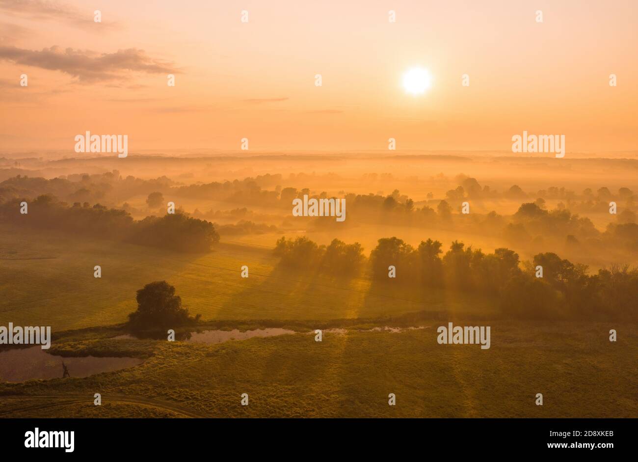 Naturlandschaft mit Sonne aufgehen über Land bedeckt mit Nebel. Stockfoto