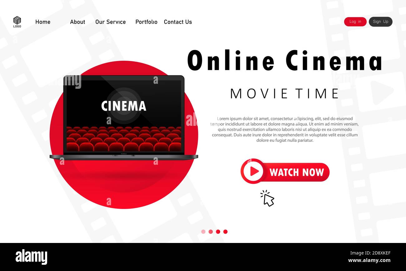 Online-Kino-Illustration. Filme zu Hause auf einem Laptop ansehen. Filmzeit. Vektor EPS 10. Isoliert auf weißem Hintergrund Stock Vektor
