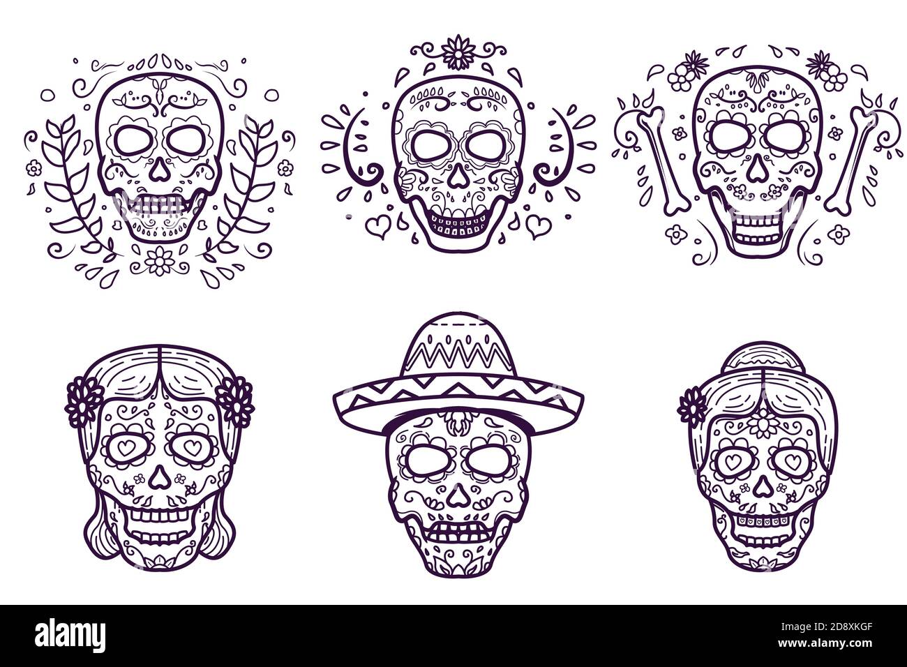 Dia De Los Muertos. Einfarbiger Schädel, Premium-Vektor Stock Vektor