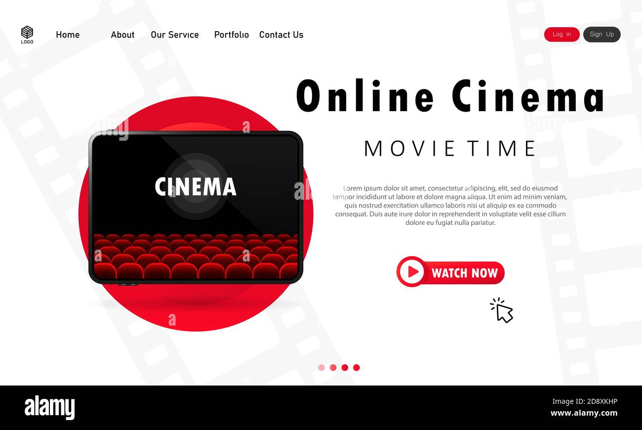 Online-Kino-Illustration. Sehen Sie sich Filme auf dem Tablet zu Hause an. Filmzeit. Vektor EPS 10. Isoliert auf weißem Hintergrund Stock Vektor