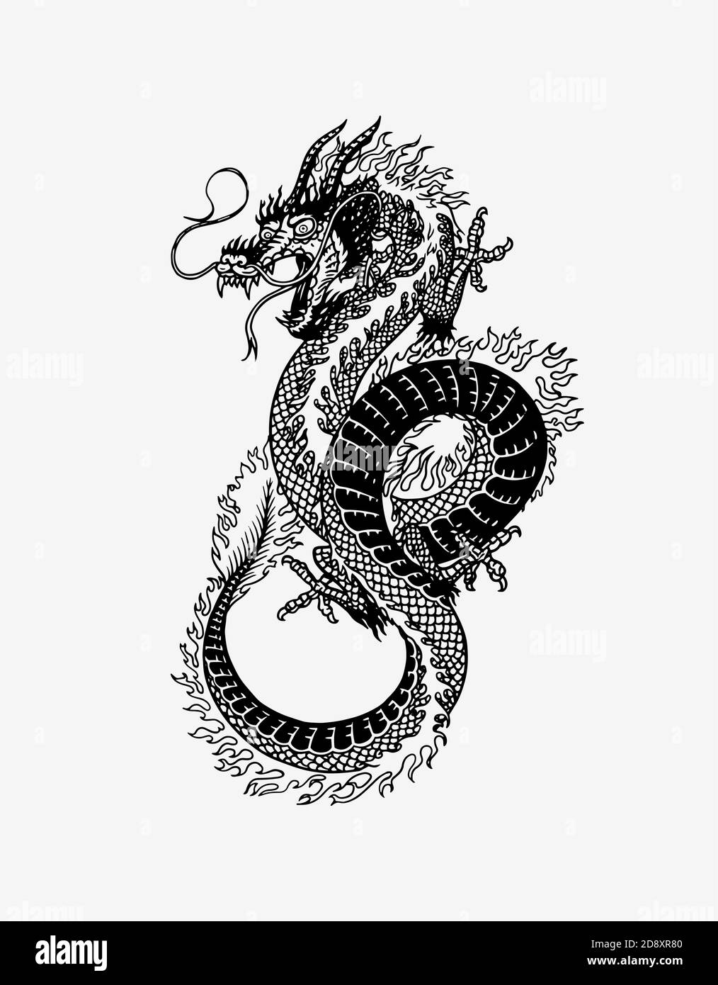 Japanischer Drache. Mythologisches Tier oder traditionelles asiatisches Reptil. Symbol für Tattoo oder Etikett. Graviert Hand gezeichnet Linie Kunst Vintage alt monochrom Stock Vektor