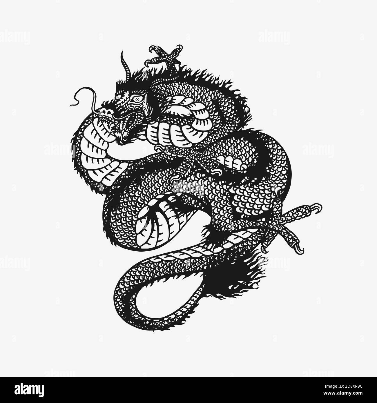 Japanischer Drache. Mythologisches Tier oder traditionelles asiatisches Reptil. Symbol für Tattoo oder Etikett. Graviert Hand gezeichnet Linie Kunst Vintage alt monochrom Stock Vektor