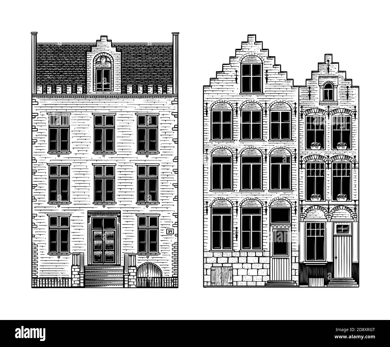 Amsterdamer Häuser. Städtische Wohngebäude. Skandinavischer Stil. Europäische Stadt. Handgezeichnete monochrome Doodle-Vektor-Illustration Stock Vektor