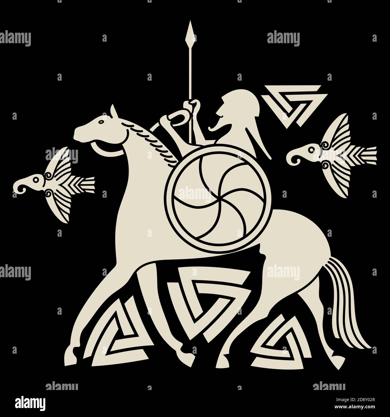 Der alte skandinavische Gott Odin, der Gott Odin auf dem Pferd Sleipnir. Illustration der nordischen Mythologie Stock Vektor